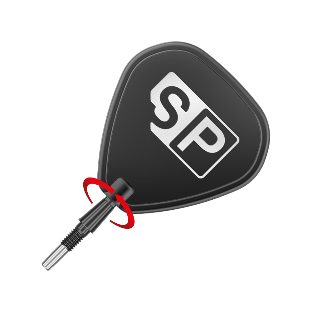Das Bild zeigt eine schwarze Steeldartspitze mit dem weißen Aufdruck "SP". Eine rote Pfeilmarkierung deutet darauf hin, dass die Spitze gedreht oder geschraubt werden kann.