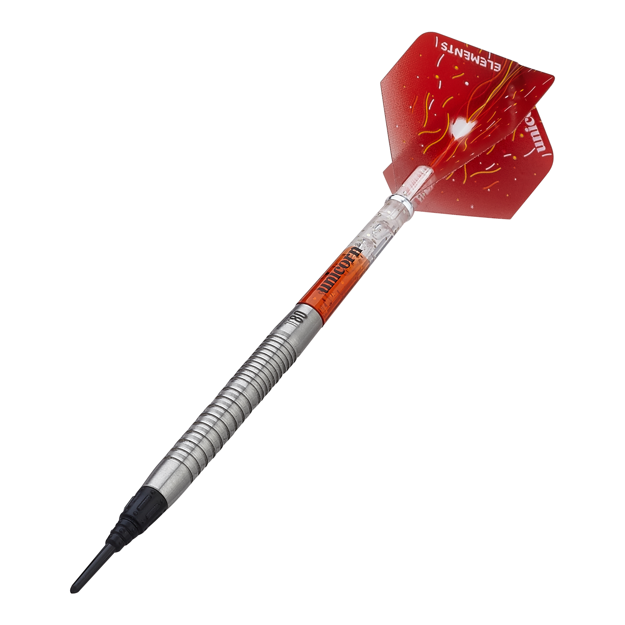 Unicorn Core XL Striker Style 1 Soft Darts - 19g Das Bild zeigt einen Unicorn Core XL Striker Style 1 Softdart mit 19g Gewicht. Der Dart hat eine silberne, geriffelte Spitze und rote Flights mit einem auffälligen Design.