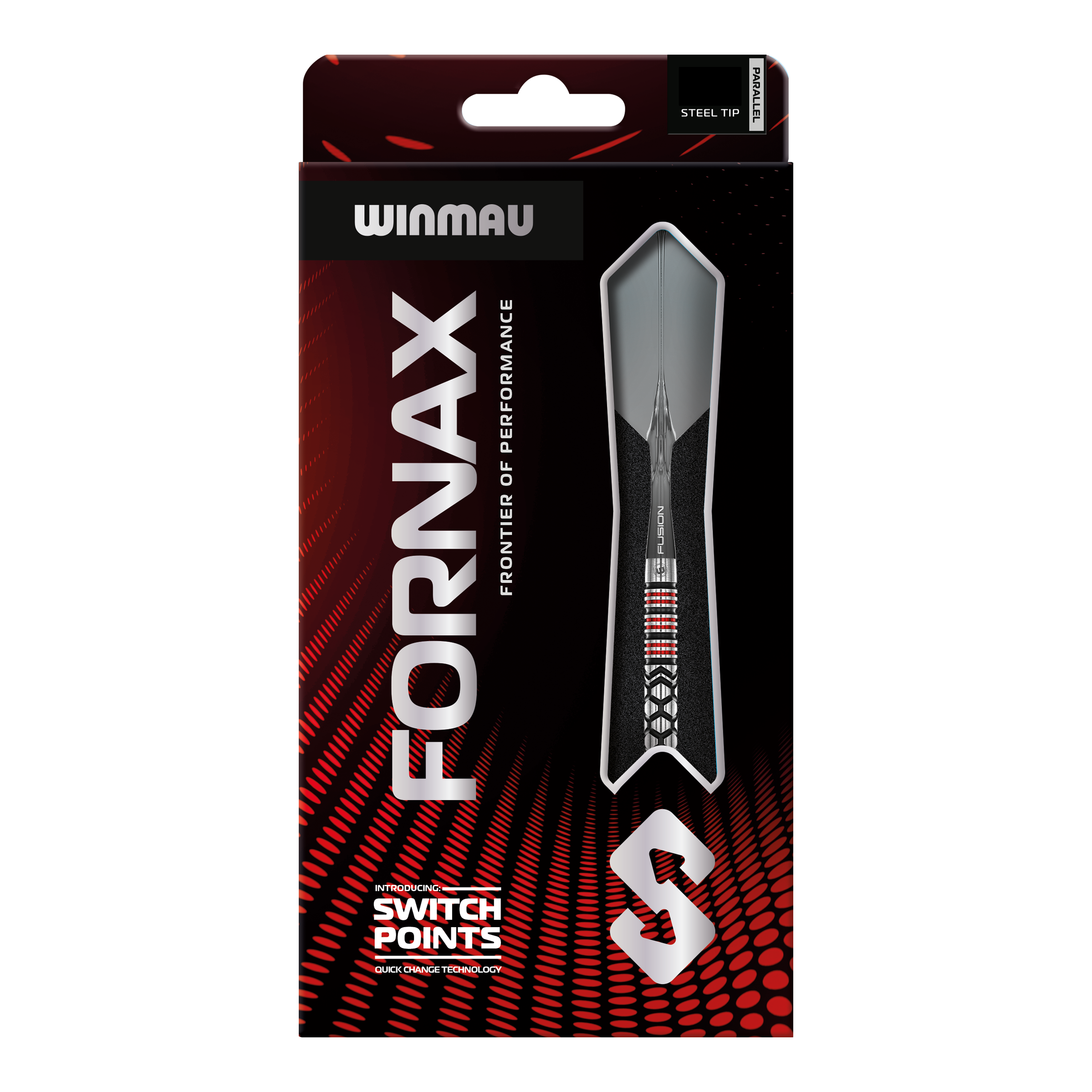 Winmau Fornax Parallel Switch Point Steeldarts werden auf diesem Bild gezeigt. Es handelt sich um hochwertige Steeldarts für Präzision und Kontrolle.