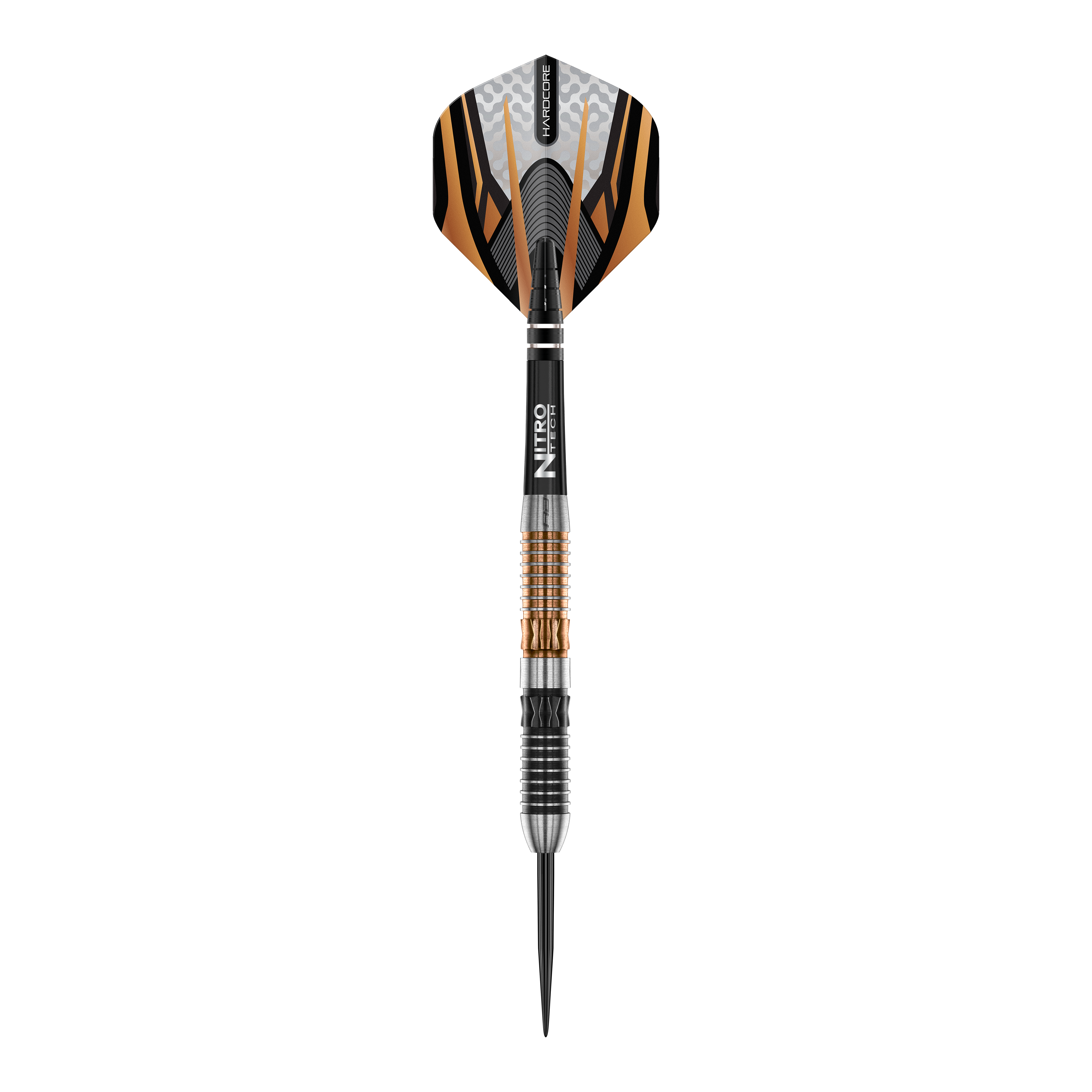 Red Dragon Panterra steel darts Das Bild zeigt einen Red Dragon Panterra Steeldart mit auffälligem orange-schwarzem Design. Der Dart verfügt über eine strukturierte Griffzone und eine scharfe Metallspitze.