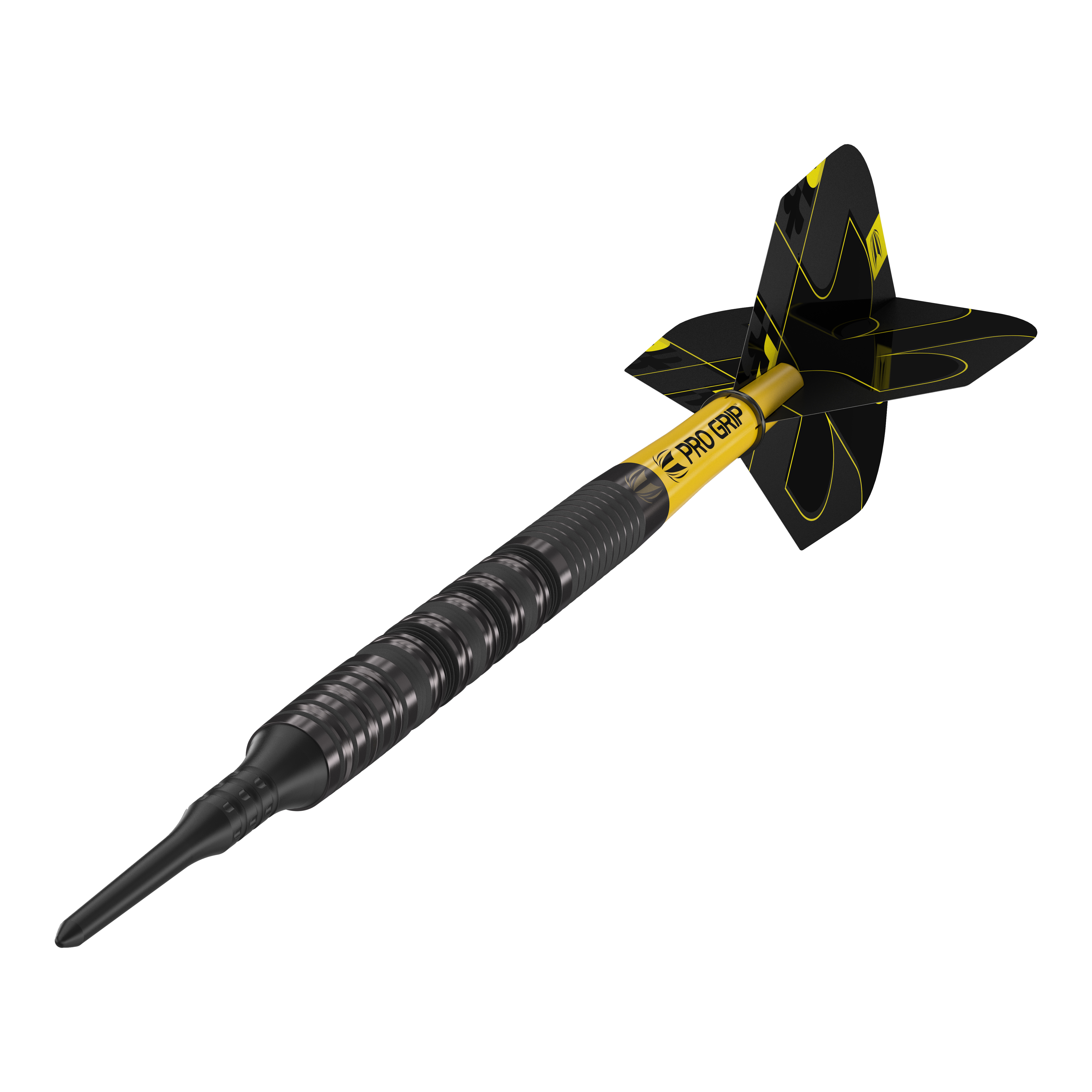 Target Bolide Void 10 soft darts Das Bild zeigt einen Target Bolide Void 10 Softdart. Der Softdart ist schwarz mit gelben Akzenten und hat eine strukturierte Griffzone.