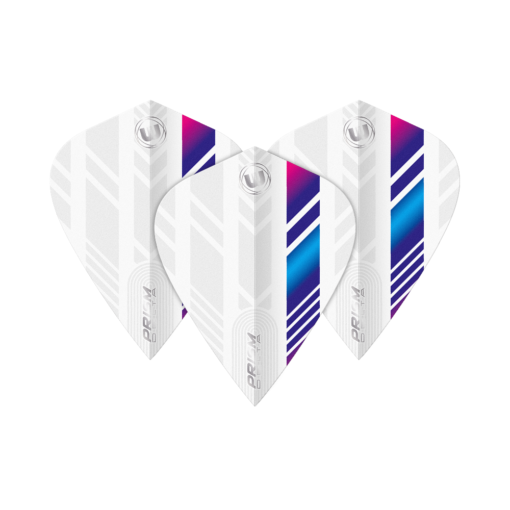 Winmau Delta White Blue Purple Kite Flights Das Bild zeigt drei Winmau Delta White Blue Purple Kite Flights. Die Flights sind überwiegend weiß mit blauen, lila und pinken Streifen.