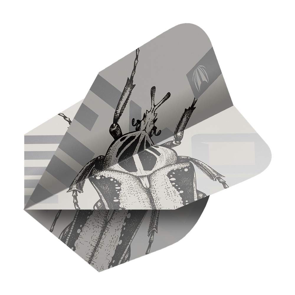 Target Pro Ultra Exo 2.0 Ten-X Flights - 3 sets Dieses Bild zeigt ein Dartflight-Set mit dem Namen "Target Pro Ultra Exo 2.0 Ten-X Flights - 3 Sets". Das Flight-Design ist in Schwarz-Weiß gehalten und zeigt eine detaillierte Zeichnung eines Käfers.