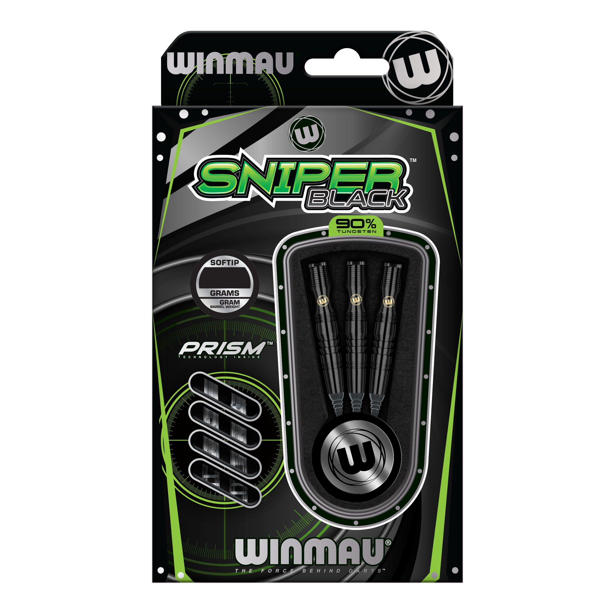 Winmau Sniper Black soft darts - 20g Die Abbildung zeigt die Winmau Sniper Black Softdarts mit einem Gewicht von 20g. Die Verpackung enthält drei schwarze Softdarts aus 90% Tungsten.