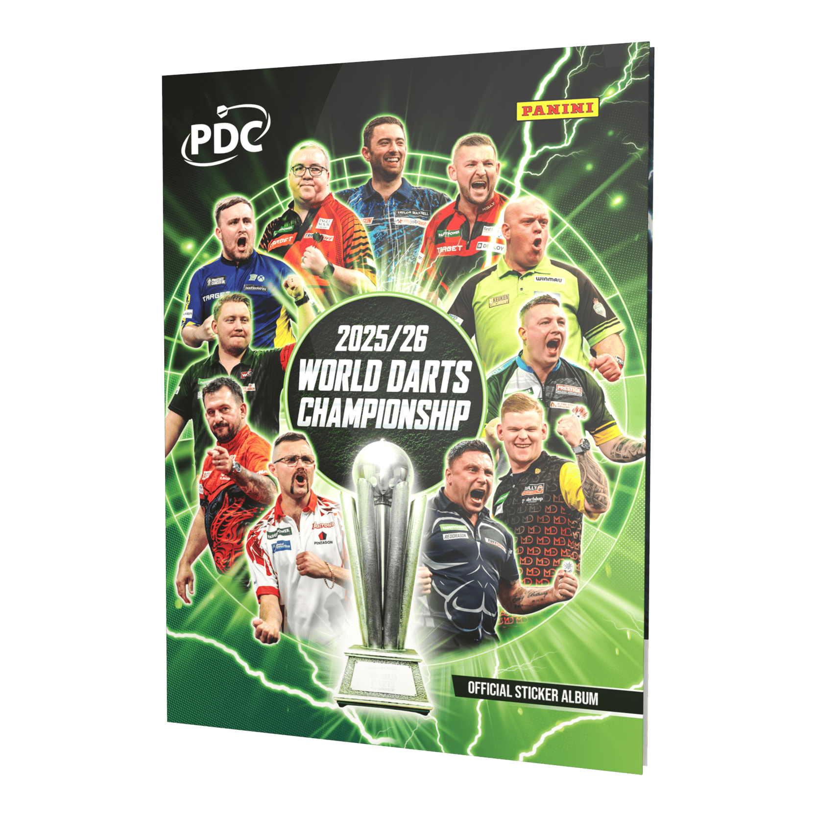Abgebildet ist das Panini PDC World Darts Championship 2025/26 - Official Sticker Hardcover Sammelalbum. Dieses Sammelalbum bietet Platz für Sticker zur Darts-Weltmeisterschaft.