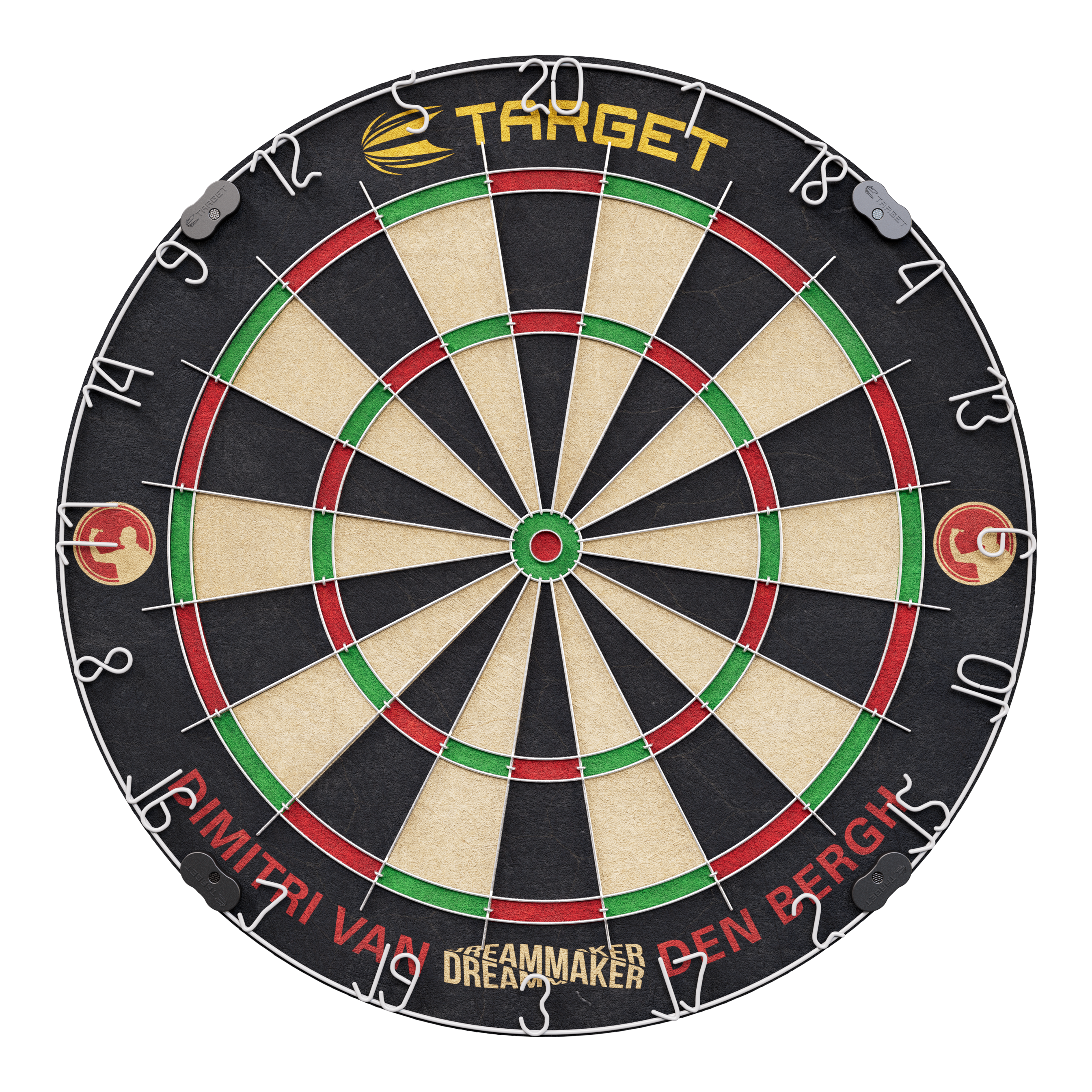 Target Dimitri Van Den Bergh steel dartboard set Das Bild zeigt eine Steeldartscheibe mit dem Namen "Target Dimitri Van Den Bergh Steeldartboard Set". Am unteren Rand steht der Schriftzug "Dimitri Van Den Bergh" und in der Mitte unten "Dreammaker".
