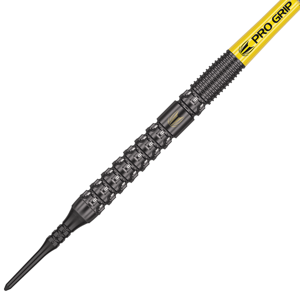 210324_Target_Luke_Littler_GEN1_Softdarts_2 Dies ist ein Target Luke Littler GEN1 Softdart mit 19 Gramm Gewicht. Der Dart hat ein markantes schwarzes Barrel-Design und einen gelben PRO GRIP Schaft.