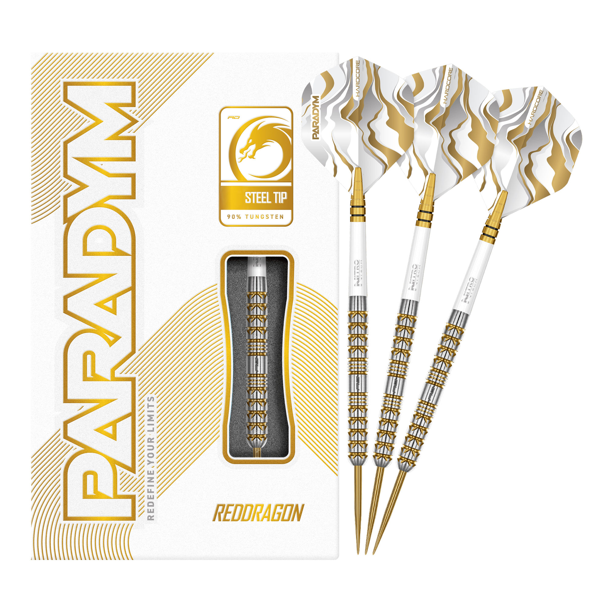 Red Dragon Paradym Gold Parallel Steeldarts Abgebildet sind die Red Dragon Paradym Gold Parallel Steeldarts in voller Länge. Diese Steeldarts zeichnen sich durch ein geradliniges und glänzendes Design aus.
