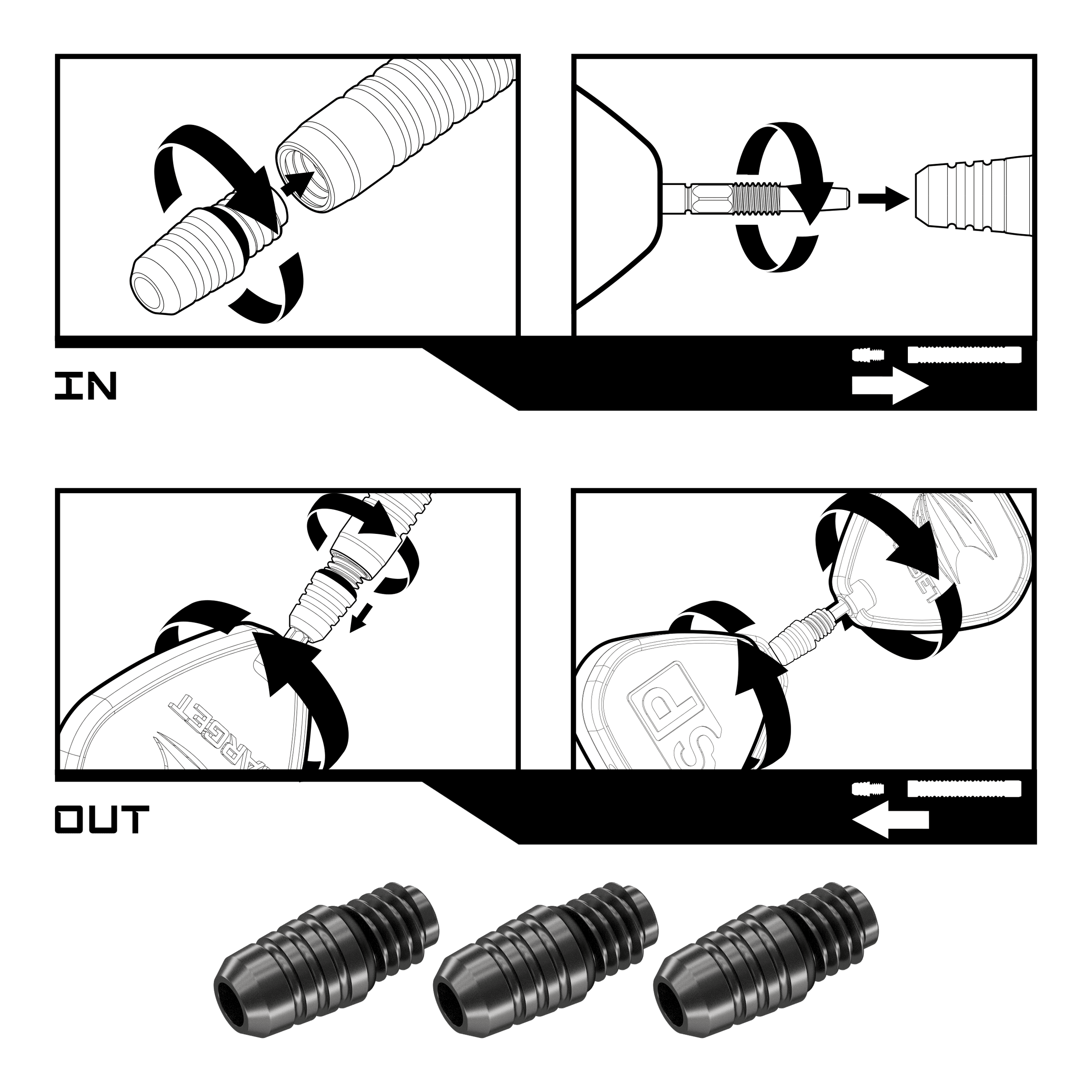 Target Swiss Point 2BA Converter - Black Das Bild zeigt die Montage- und Demontageanleitung für den Target Swiss Point 2BA Converter - Schwarz. Unten im Bild sind drei der schwarzen Converter abgebildet.