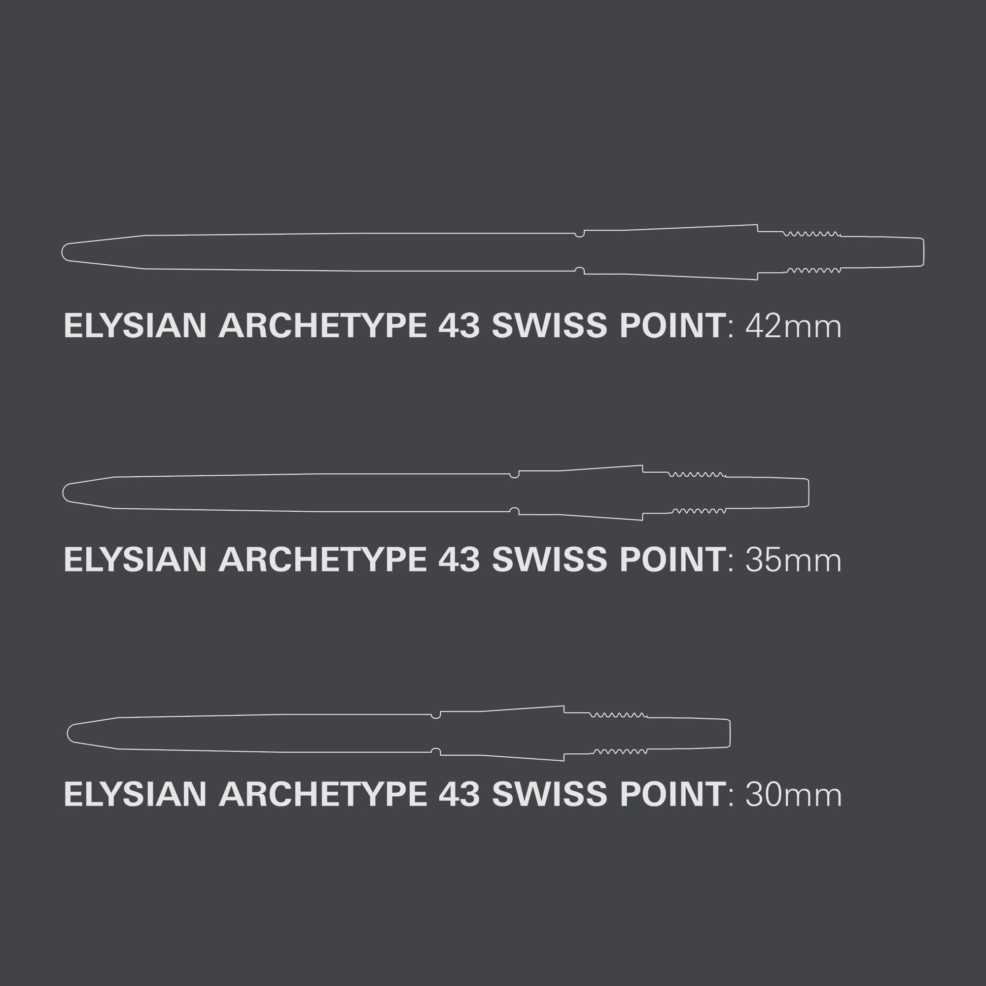 Das Bild zeigt die Target Elysian Archetype 43 Swiss Point Steeldartspitzen in Schwarz. Die Dartspitzen sind robust und für professionelle Spieler geeignet.