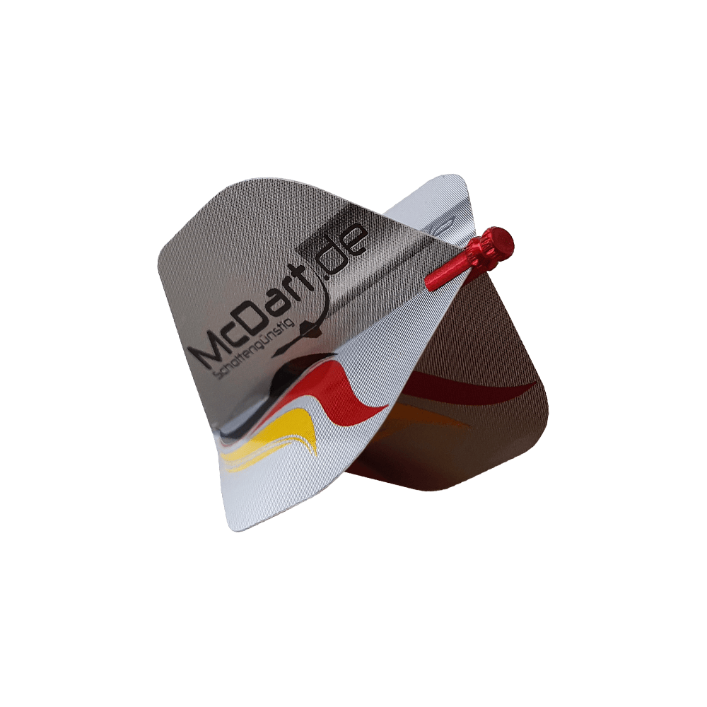 608_Alu_Flightschoner_Rot_2 Das Bild zeigt einen Alu Flightschoner, der an den Flights eines Dartpfeils befestigt ist. Der Flightschoner ist aus Metall und schützt die Flights vor Beschädigungen.