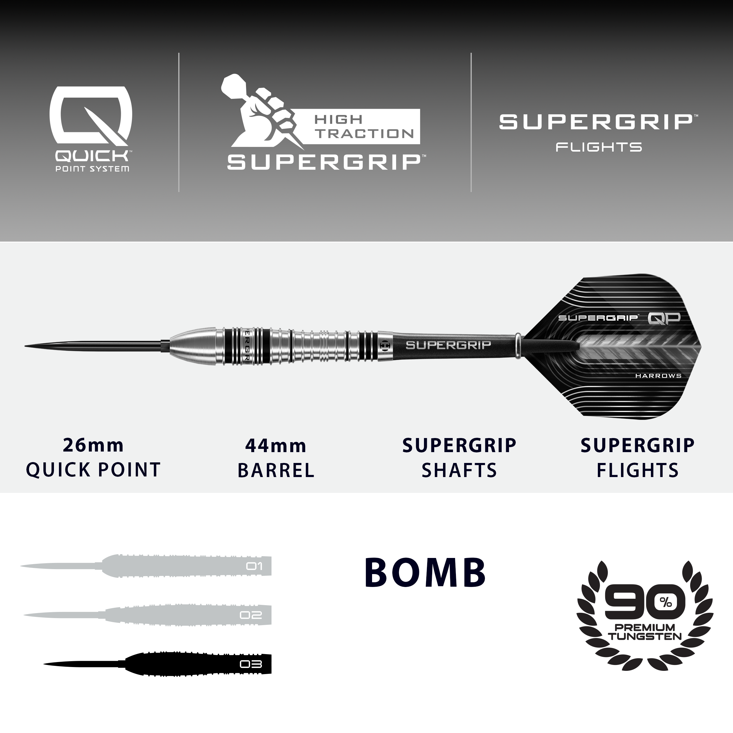 Dies ist ein Bild der Harrows Supergrip Bomb Quick Point Steeldarts. Die Steeldarts zeichnen sich durch ihren besonders guten Grip aus.