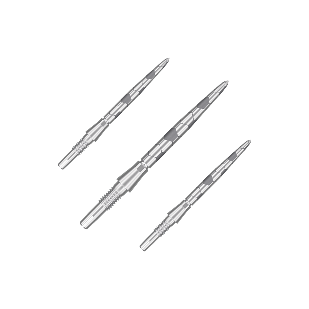 Target Swiss Storm Onyx Point Dart Tips - Silver Auf dem Bild sind drei silberne Dartspitzen zu sehen. Sie haben ein längliches, geriffeltes Design und sind aus Metall gefertigt.
