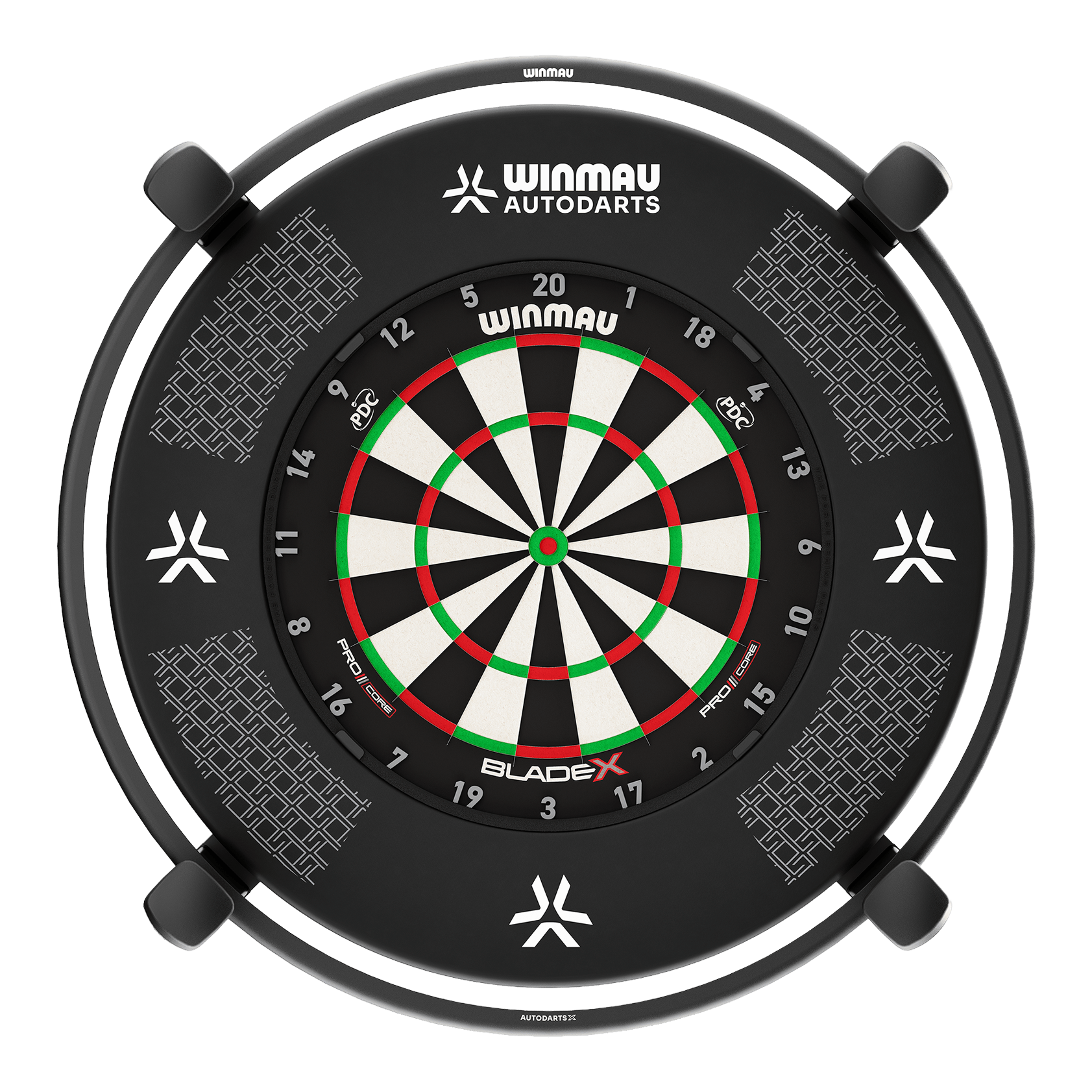Gezeigt wird das Winmau Autodarts X Autoscoring-System. Das Gerät erleichtert das Zählen der Darts-Punkte durch seine automatische Erkennung.