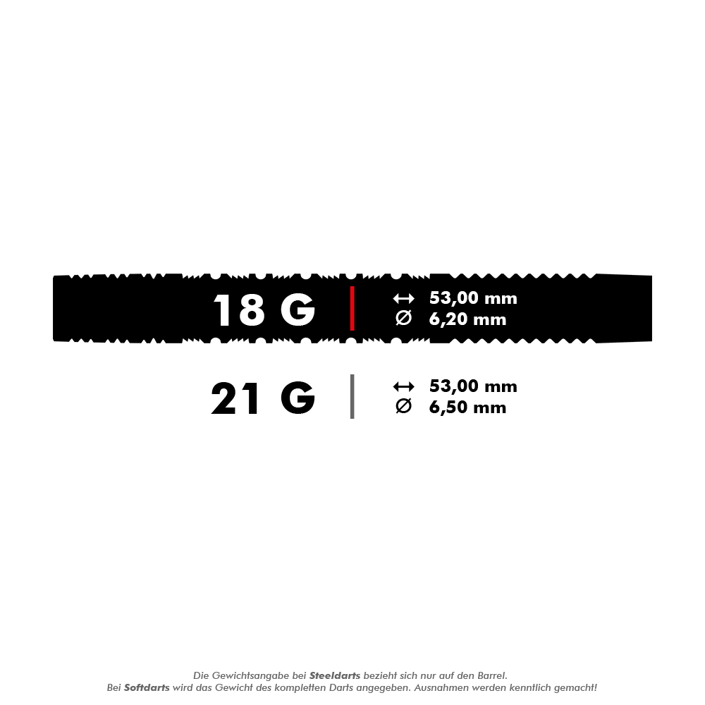 Target Bolide Void 10 soft darts Das Bild zeigt zwei verschiedene Dartgewichte mit ihren Maßen. Die 18-Gramm-Darts haben einen Durchmesser von 6,20 mm, die 21-Gramm-Darts einen Durchmesser von 6,50 mm, beide sind 53,00 mm lang.