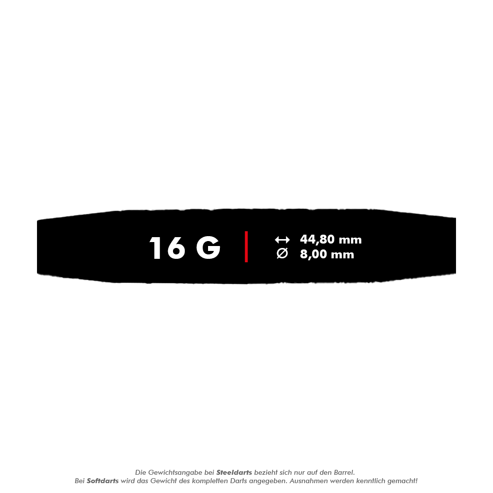 McDart 85 Tungsten V6 Soft Darts - 16g Das Bild zeigt die Produktinformationen zu den McDart 85er Tungsten V6 Softdarts mit einem Gewicht von 16 Gramm. Die Darts sind 44,80 mm lang und haben einen Durchmesser von 8,00 mm.