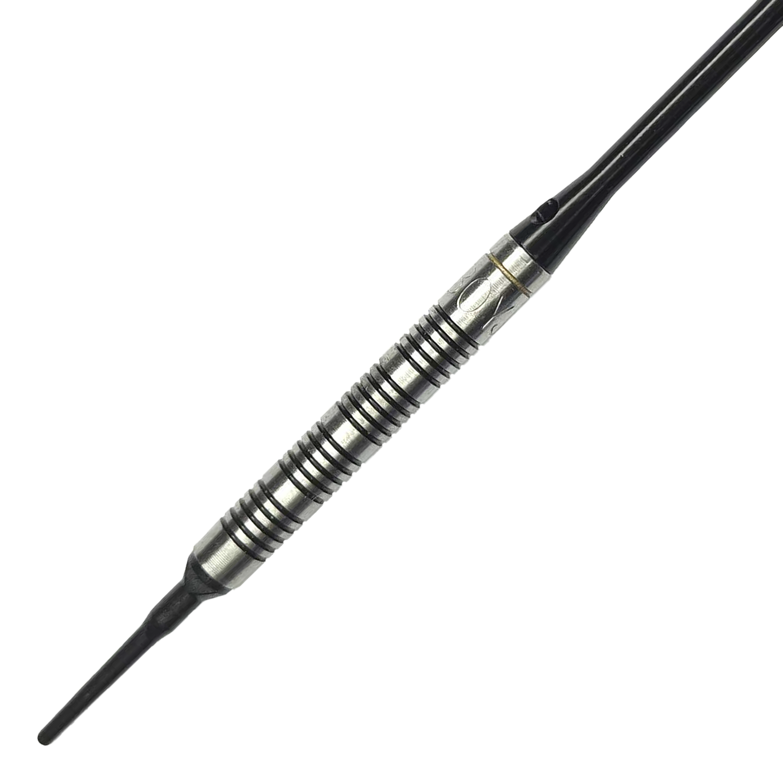 McDart 85 Tungsten V17 Softdarts - 16.5g Das Bild zeigt einen McDart 85er Tungsten V17 Softdart mit einem Gewicht von 16,5g. Der Dart hat ein silber-schwarzes, griffiges Barrel und eine schwarze Spitze.