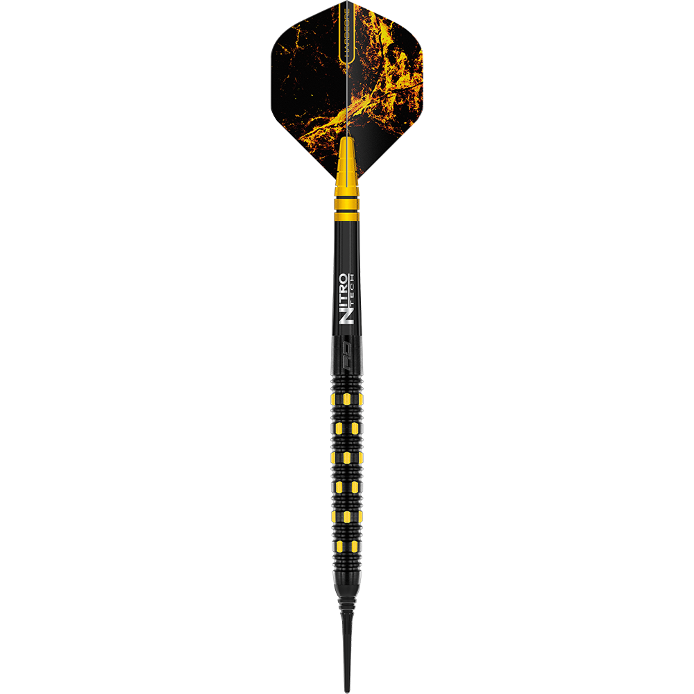 Das Bild zeigt einen Red Dragon Nirvana Softdart mit 20 Gramm Gewicht. Der Dart ist schwarz mit gelben Akzenten und hat eine auffällige gelb-schwarze Flugfeder.