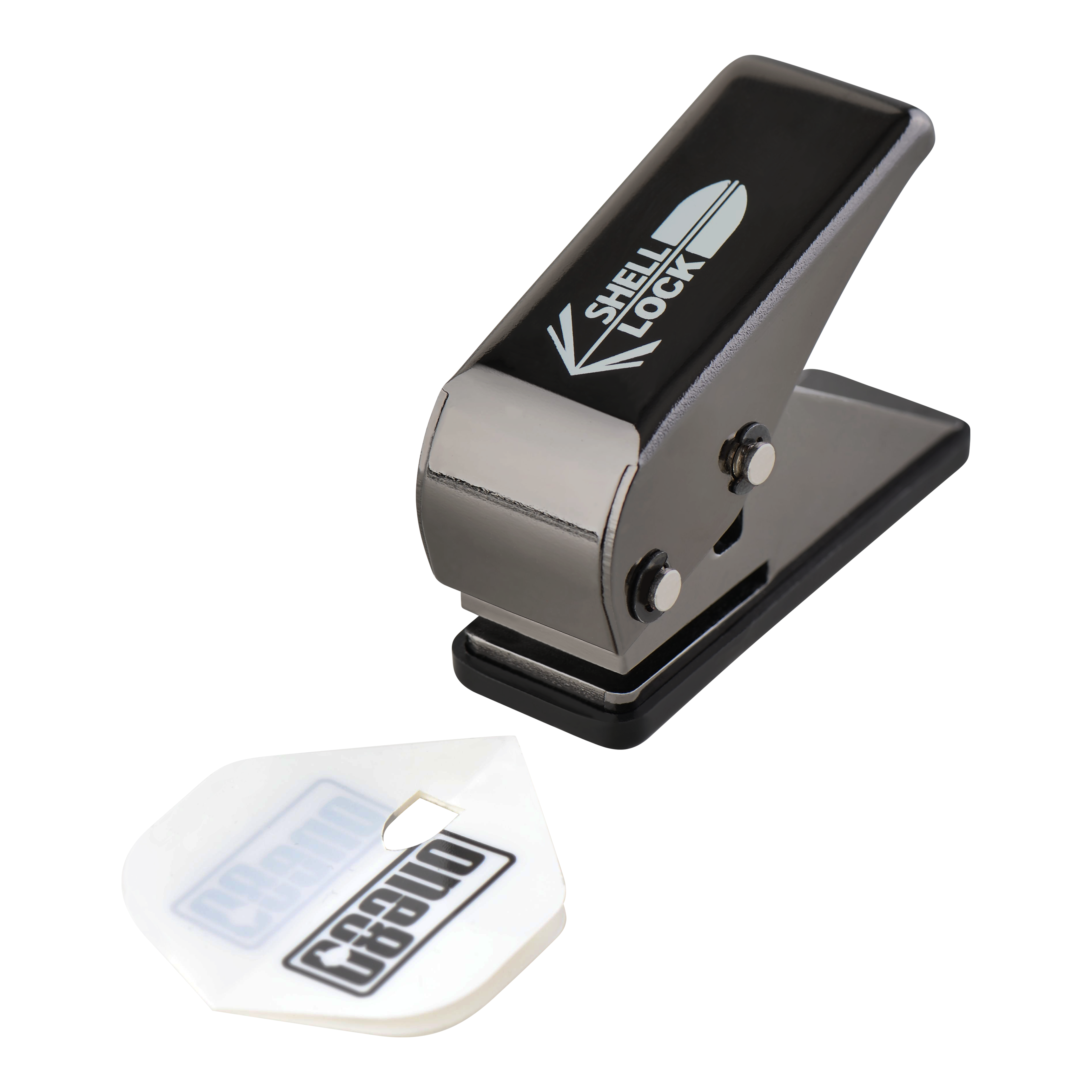 L-Style One80 Shell Lock Punch Flight Punch Das Bild zeigt den L-Style One80 Shell Lock Punch Flightlocher. Neben dem Locher liegt ein gestanztes Dart-Flight.