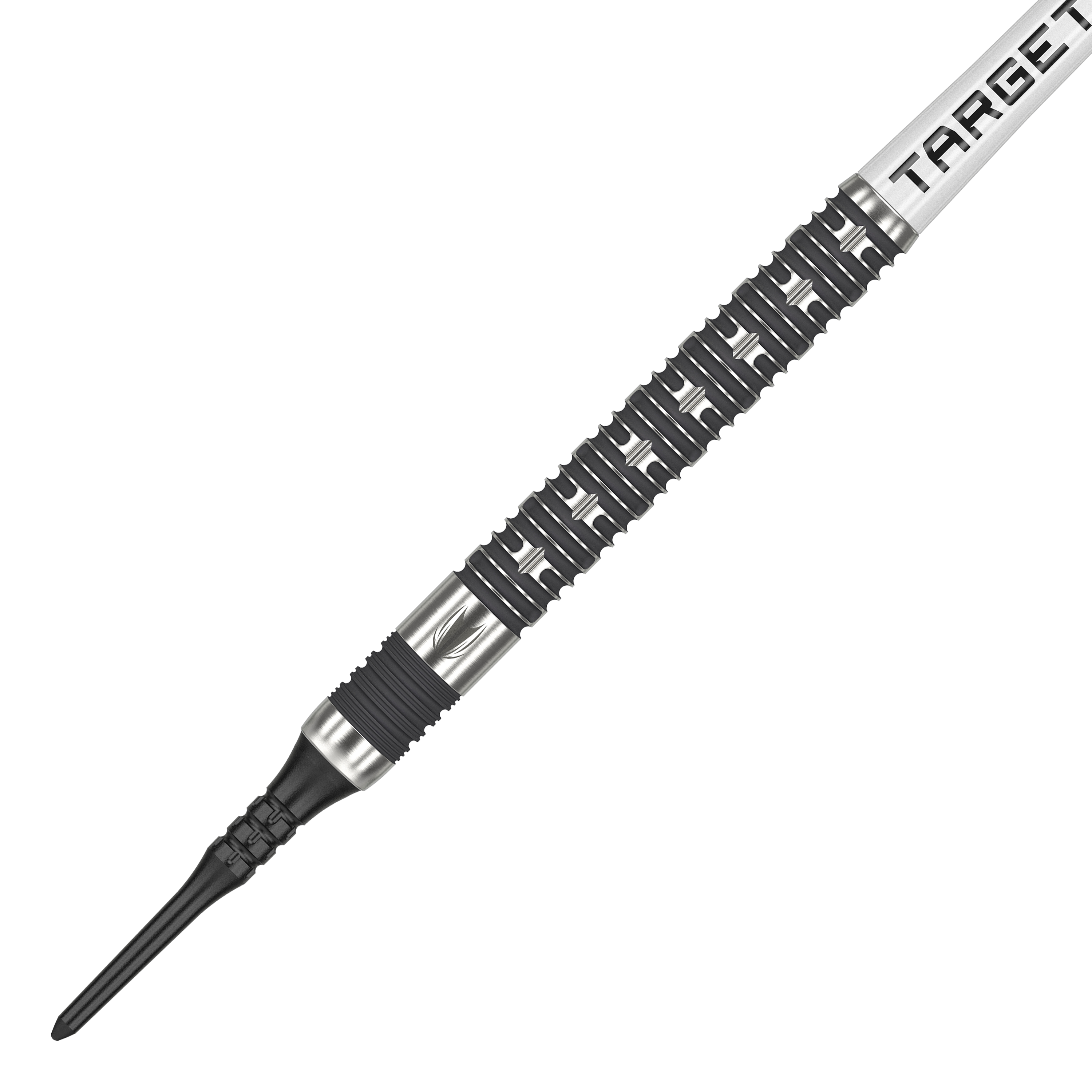 Target Chris Dobey Hollywood Action Softdarts - 20g Das Bild zeigt einen Softdart aus der Serie "Target Chris Dobey Hollywood Action Softdarts - 20g". Der Dart hat ein markantes, silber-schwarzes Design mit einem strukturierten Griff.