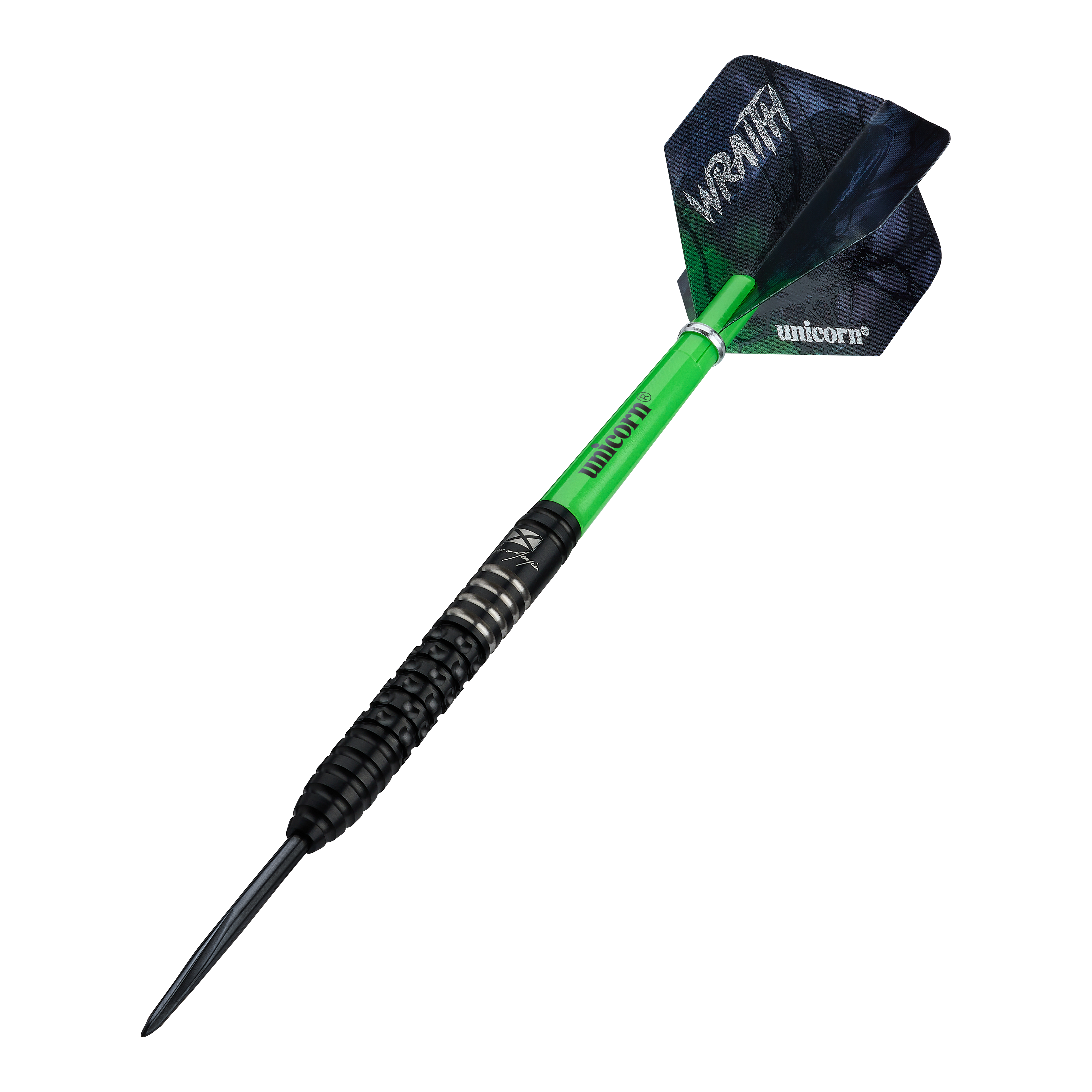 Das Bild zeigt die Unicorn Wraith Cameron Menzies Steeldarts - 23g. Diese Darts haben eine spezielle Form für präzises Werfen.