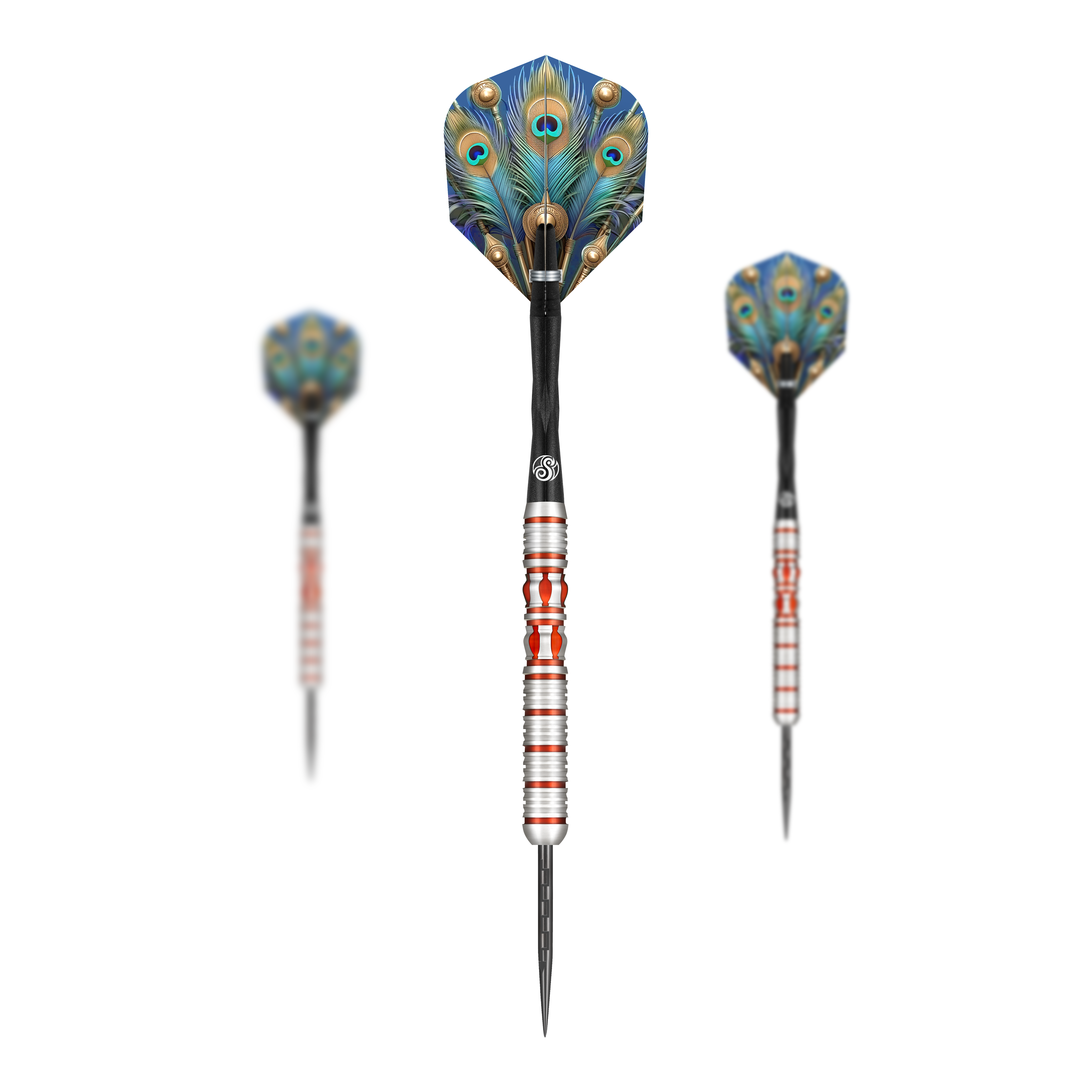 Shot Roman Empire Juno steel darts Das Bild zeigt drei Steeldarts des Produkts "Shot Roman Empire Juno". Die Flights haben ein auffälliges Pfauenfeder-Design in Blau und Grün.