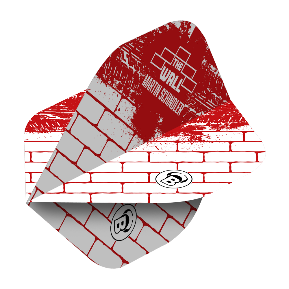 Bulls Metrixx Martin Schindler White Red No2 Standard Flights Das Bild zeigt ein Dartflight im roten und weißen Ziegelstein-Design mit der Aufschrift "The Wall Martin Schindler". Das Produkt ist ein Bulls Metrixx Martin Schindler White Red No2 Standard Flight.