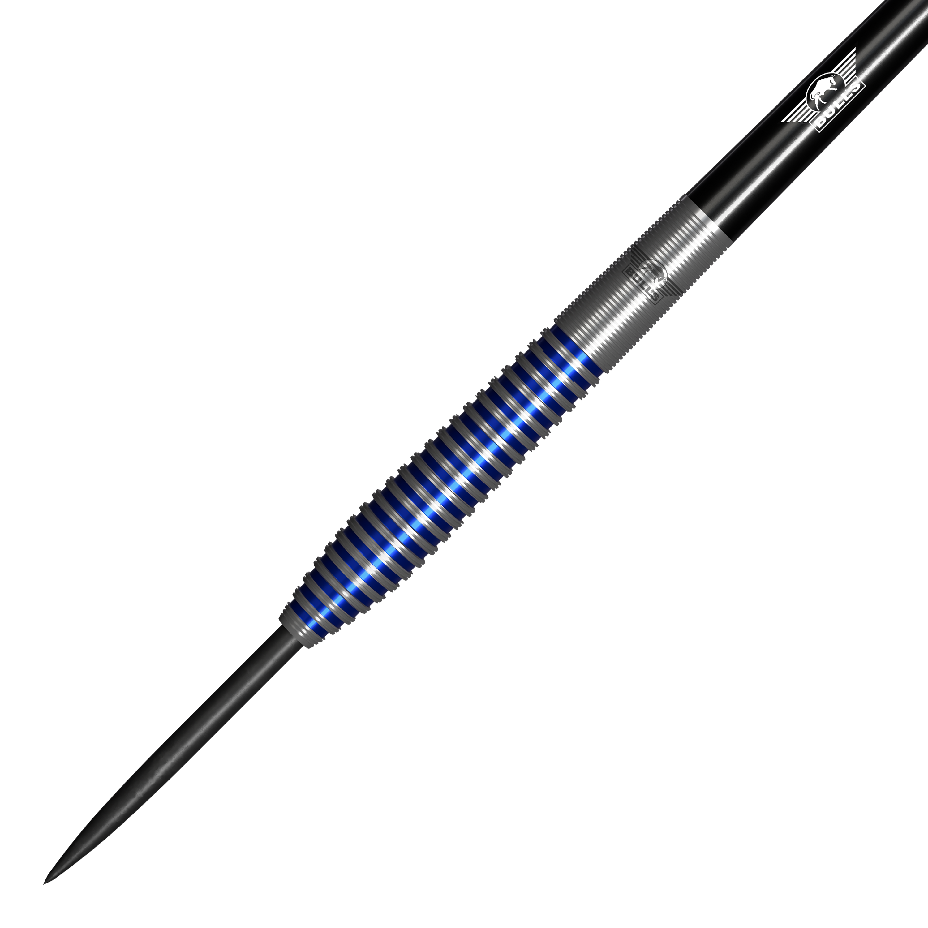 Bulls NL Romeo Grbavac steel darts - 23g Das Bild zeigt einen Steeldartpfeil mit silbernen und blauen Ringen am Griff. Es handelt sich um das Produkt "Bulls NL Romeo Grbavac Steeldarts - 23g".