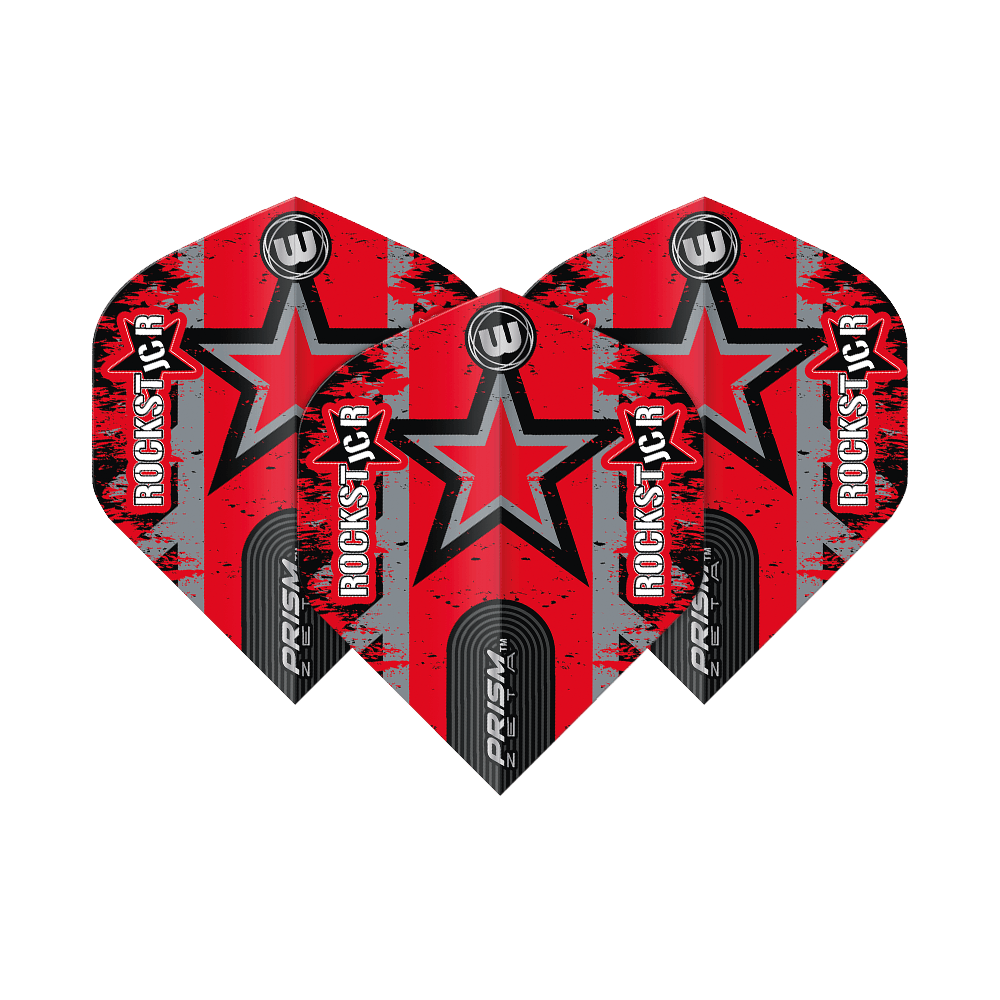 6915-319_Winmau_Prism_Zeta_Joe_Cullen_Star_Standard_Flights_1eGavUadQdkmug Das Bild zeigt drei rote Dartflights mit einem schwarzen Stern und dem Schriftzug "ROCKSTAR". Auf den Flights steht auch "PRISM ZETA" und das Winmau-Logo ist oben abgebildet.