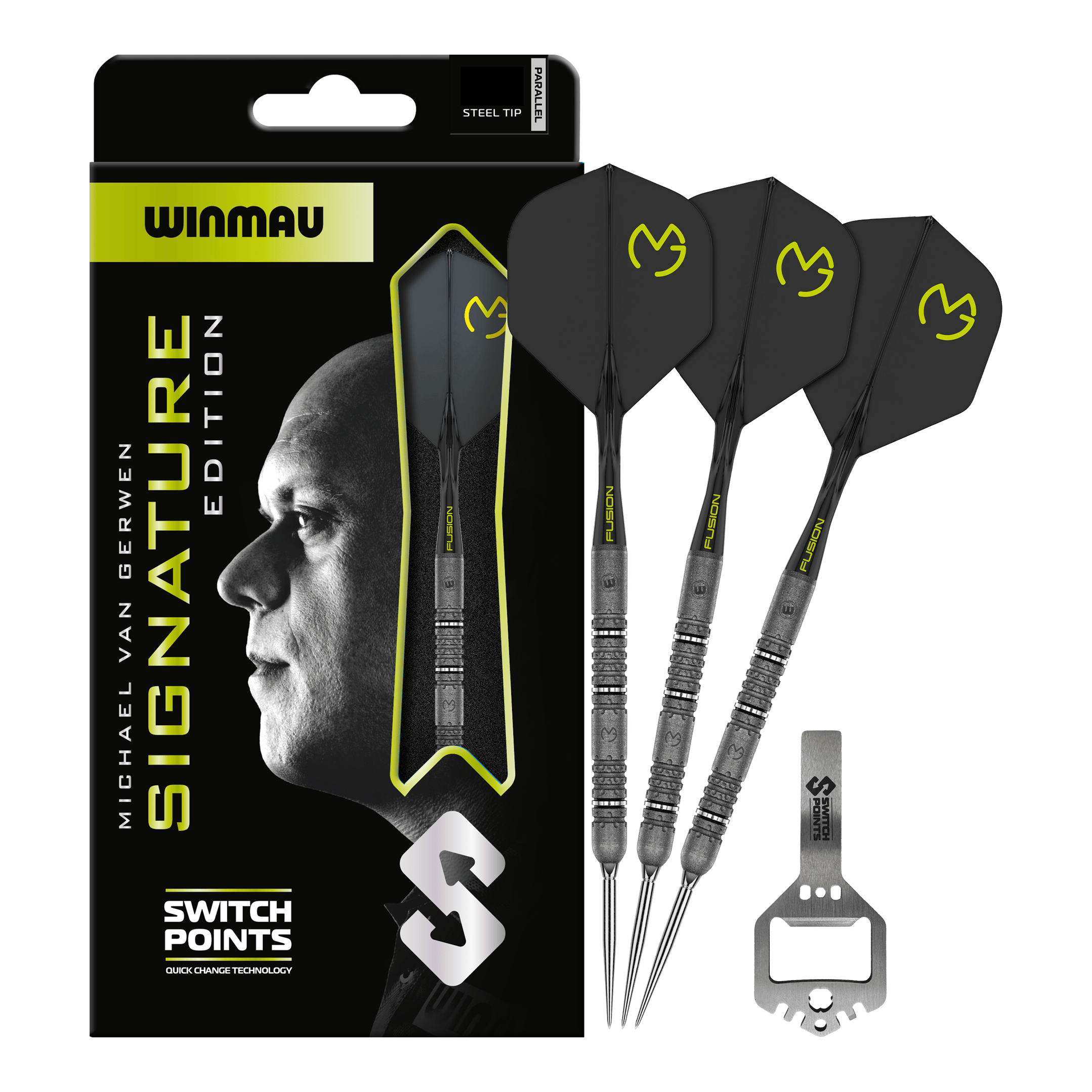 Das Bild zeigt die Winmau MvG Signature Edition Switch Points Steeldarts. Es handelt sich um hochwertige Steeldarts speziell für Profis und Sammler.