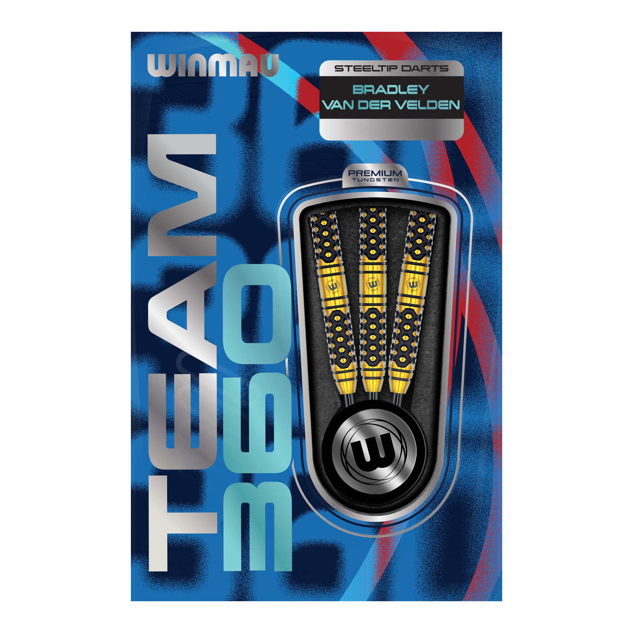 Abgebildet sind die Winmau Team 360 Bradley Van Der Velden Steeldarts - 22g. Das Foto hebt die Form und Verarbeitung der Darts hervor.