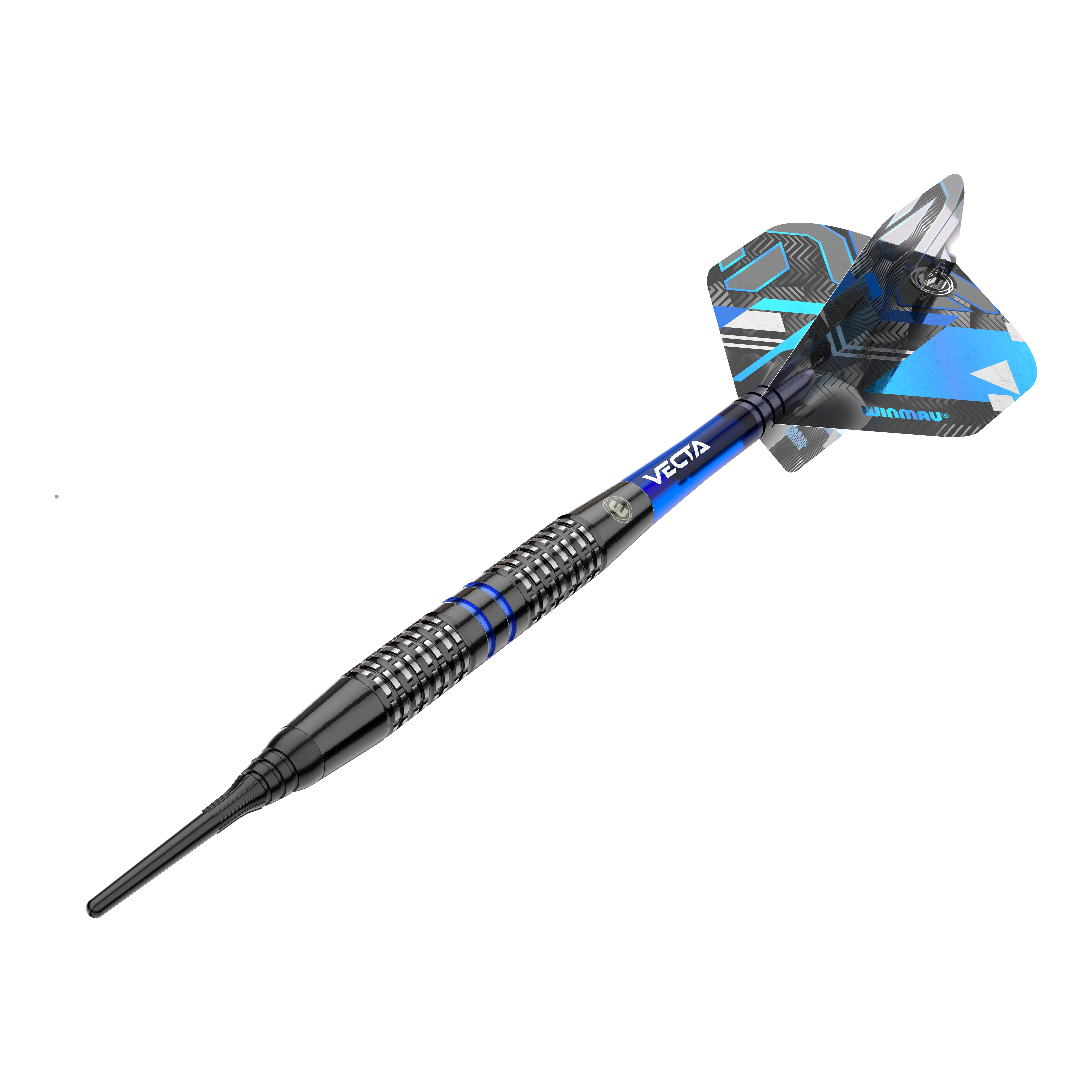 Winmau Galactics soft darts - 20g Das Bild zeigt einen Winmau Galactics Softdart mit einem Gewicht von 20 Gramm. Der Dart ist überwiegend schwarz mit blauen Akzenten und verfügt über ein modernes Design.