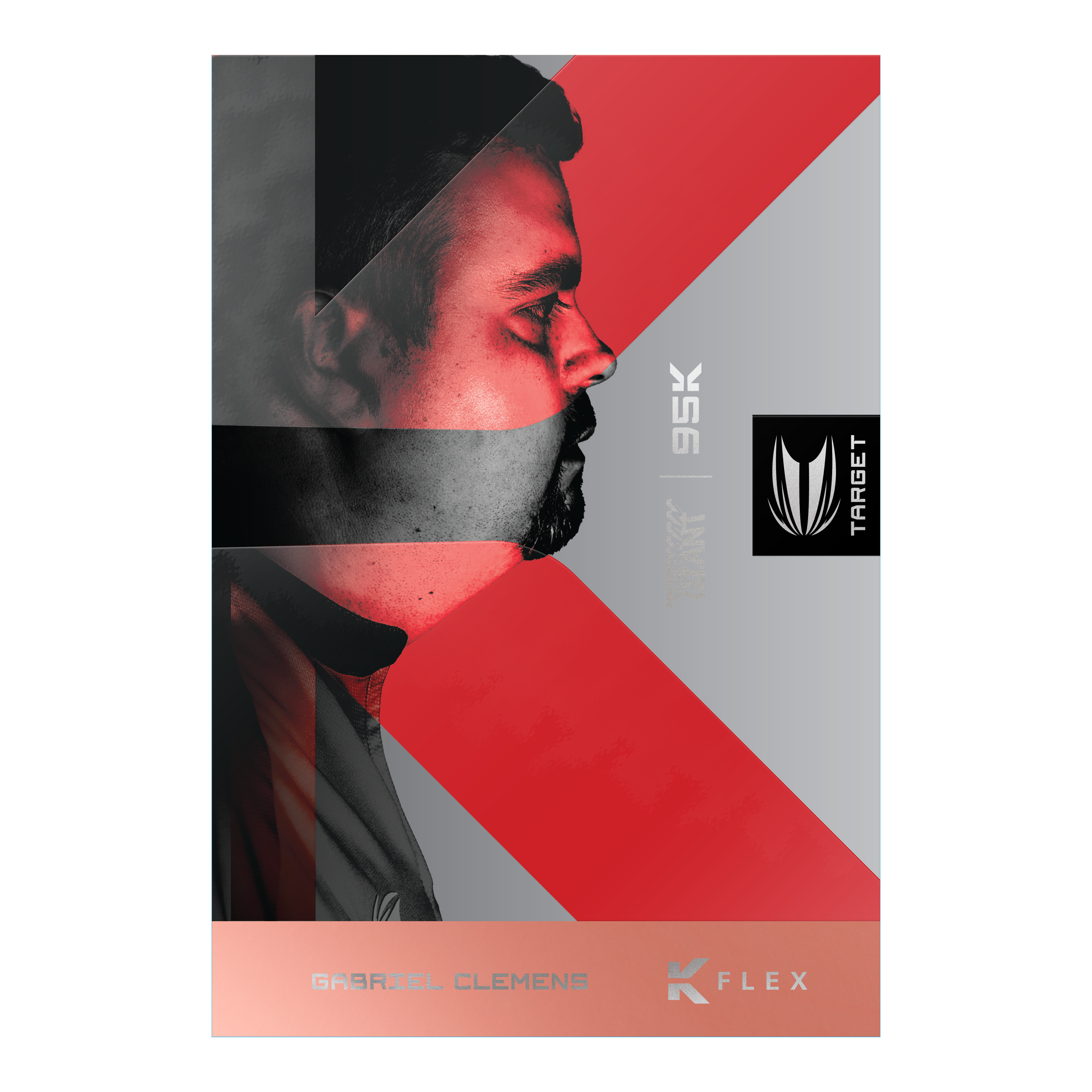 Das Bild zeigt das Profil eines Mannes, das künstlerisch mit roten und grauen Farben gestaltet ist. Auf der rechten Seite stehen die Begriffe "95K", "TARGET" und unten "GABRIEL CLEMENS K FLEX".