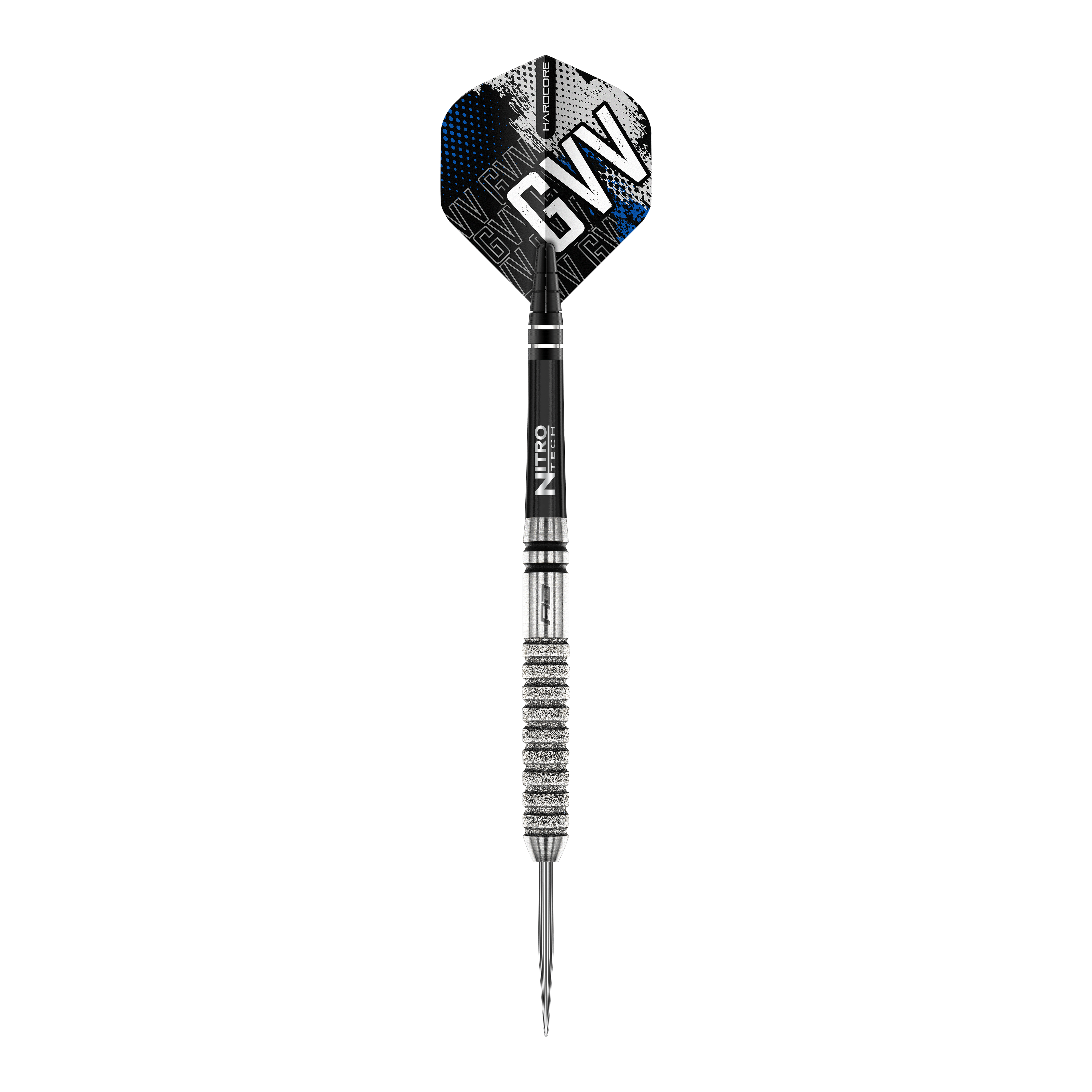 Das Bild zeigt einen Red Dragon Gian Van Veen Tour Edition Steeldart mit einem Gewicht von 22 Gramm. Der Dartpfeil hat ein silbernes, gerilltes Barrel und ein schwarzes Flight mit der Aufschrift „GVV“.