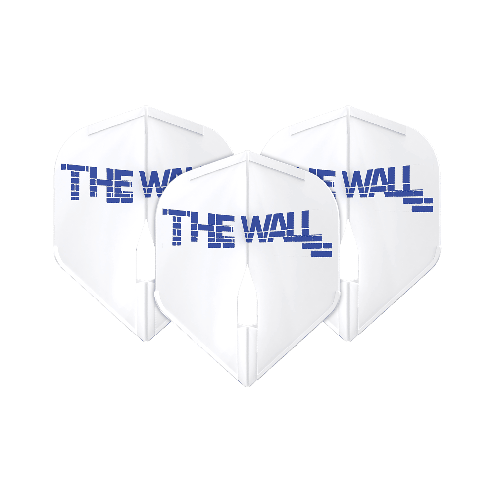 L-Style Martin Schindler White L1PRO Flights Das Bild zeigt drei weiße Dartflights mit der Aufschrift "THE WALL" in blauer Schrift. Die Flights sind das Modell "L-Style Martin Schindler Weiß L1PRO".