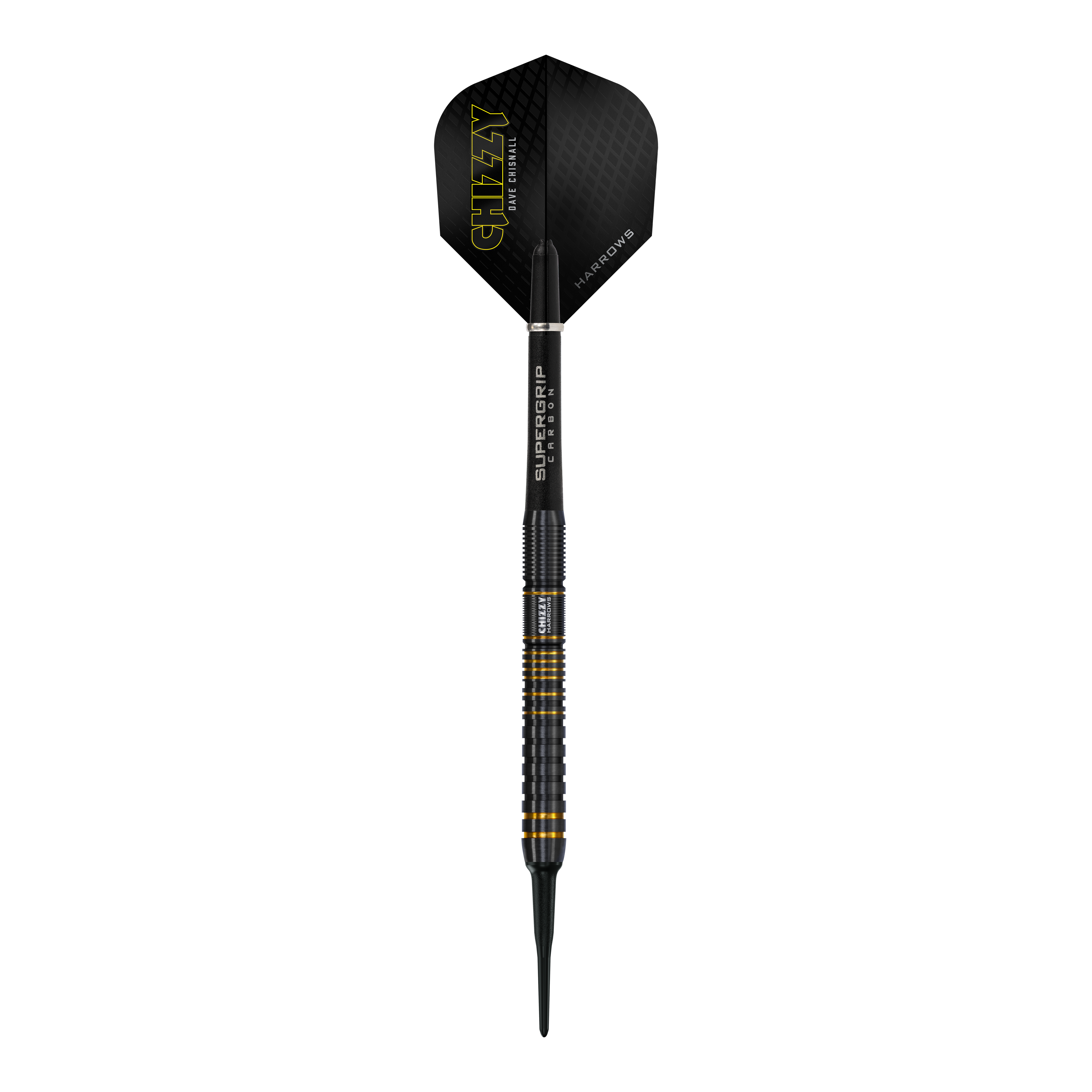 Harrow's Dave Chisnall Chizzy Series 3 soft darts Dieses Bild zeigt einen Harrows Dave Chisnall Chizzy Series 3 Softdart. Der Dartpfeil ist schwarz mit gelben Akzenten und trägt den Schriftzug "CHIZZY" auf dem Flight.