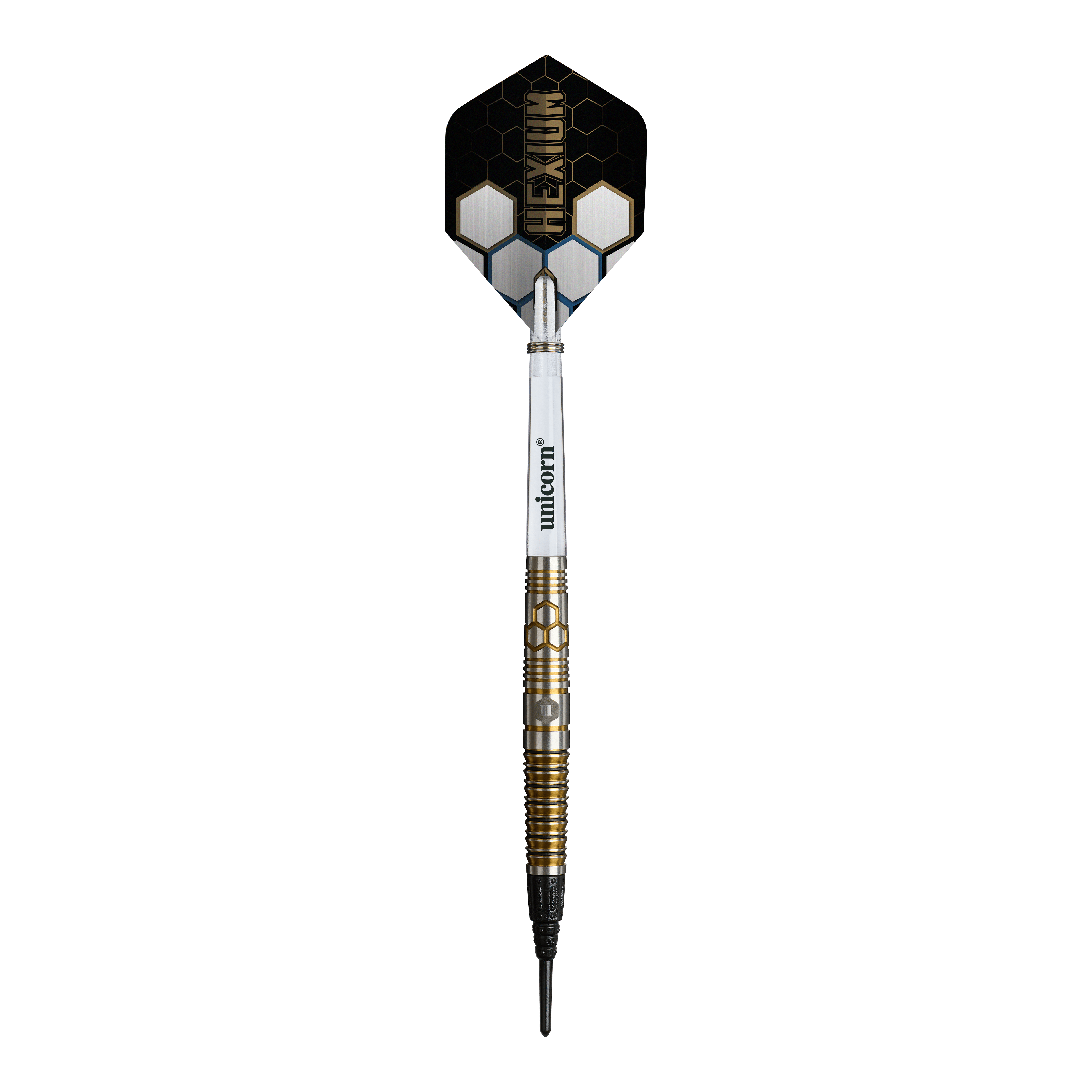 Unicorn Hexium Style 03 Gold & Black Soft Darts - 23g Das Bild zeigt die Unicorn Hexium Style 03 Gold & Black Softdarts mit 23g Gewicht. Die Darts sind in den Farben Gold und Schwarz gestaltet.