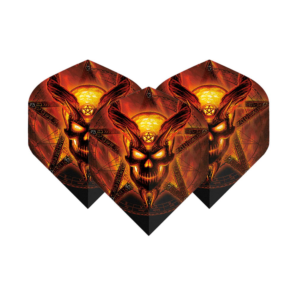 Alchemy Burning Temple No2 Standard Flights Die Abbildung zeigt drei Dart-Flights mit einem brennenden, dämonischen Totenkopf-Design vor einem Pentagramm. Die Farben sind hauptsächlich feuriges Rot und Gelb, was dem Produkt ein auffälliges und dramatisches Aussehen verleiht.