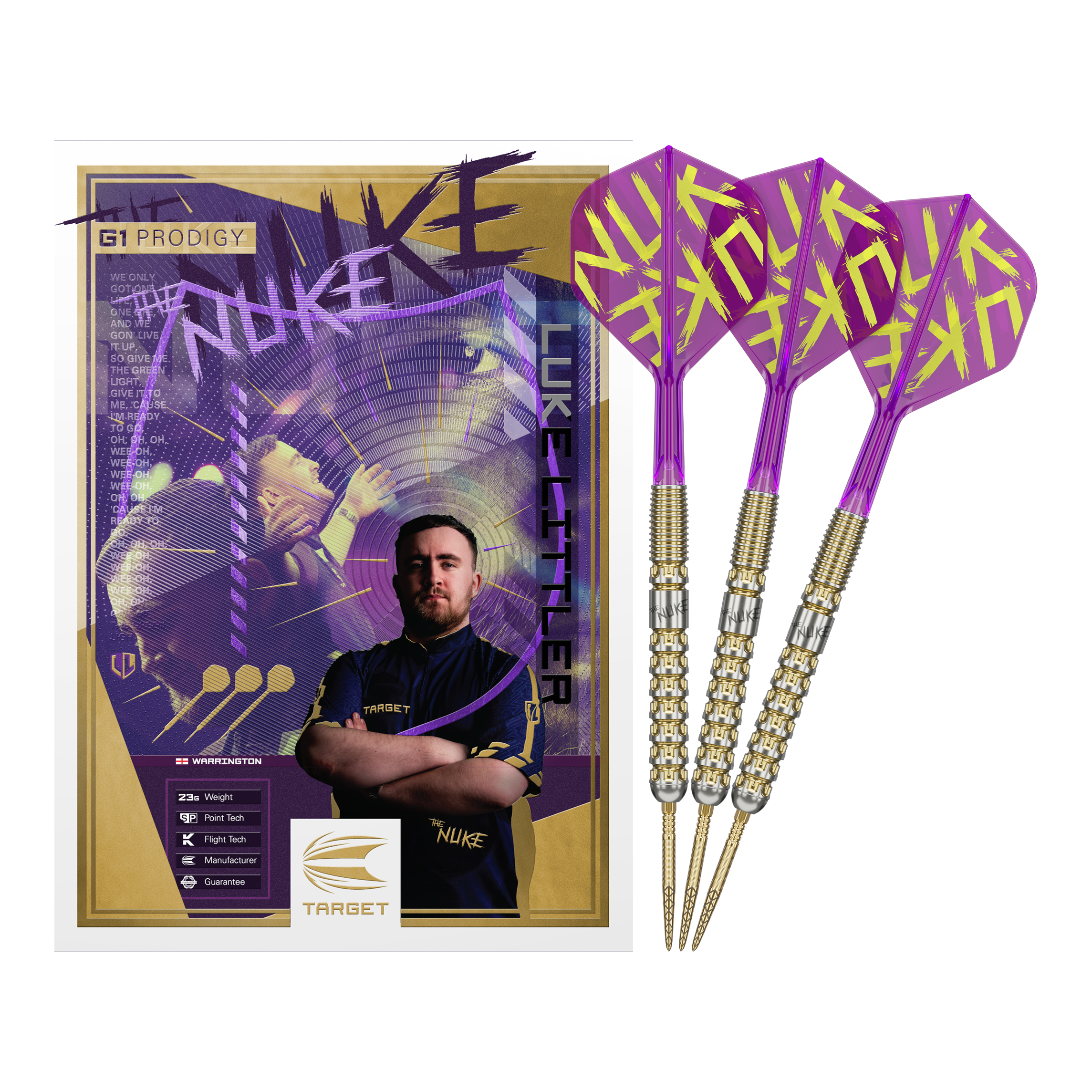 Auf dem Bild sind drei Darts mit lila-gelben Flights und silbernen Schäften zu sehen. Daneben befindet sich eine Verpackung mit einem Porträt eines jungen Mannes und dem Namen "Luke Littler".