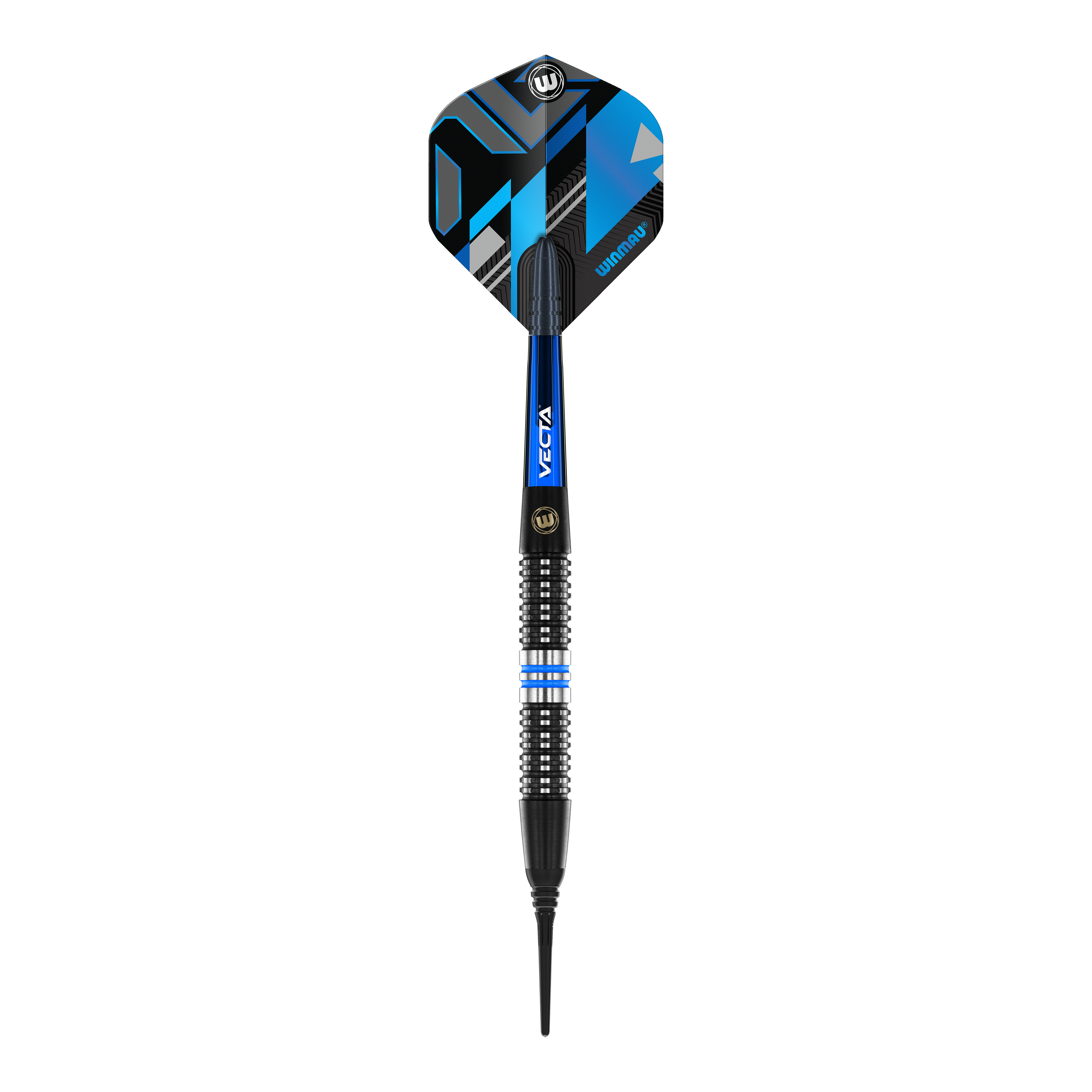 Winmau Galactics soft darts - 20g Das Bild zeigt einen Winmau Galactics Softdart mit einem Gewicht von 20 Gramm. Der Dart hat schwarze, blaue und silberne Akzente sowie eine moderne, geometrische Flight-Gestaltung.