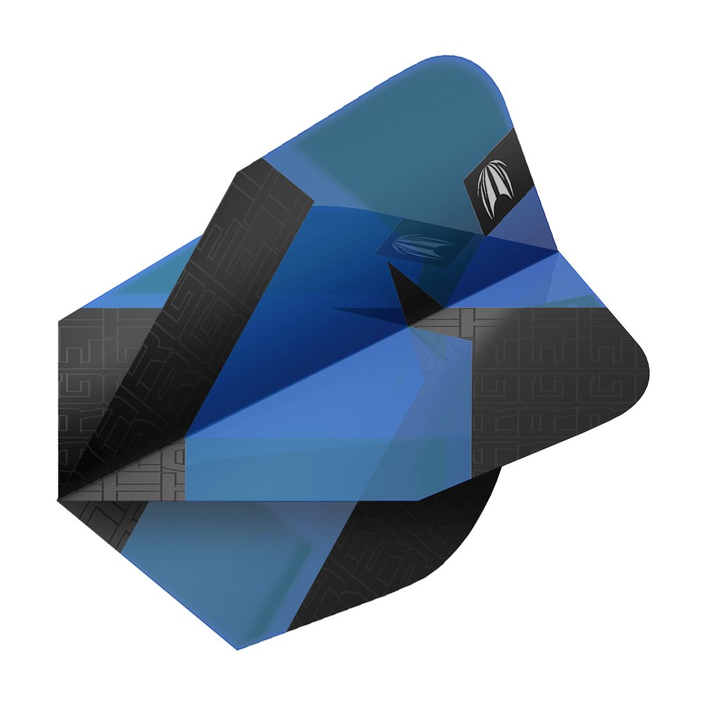 Target Pro Ultra TAG Blue Ten-X Standard Flights - 3 Sets Das Bild zeigt einen blauen Dartflight mit schwarzen Mustern und einem kleinen silbernen Logo. Es handelt sich um das Produkt "Target Pro Ultra TAG Blau Ten-X Standard Flights - 3 Sets".