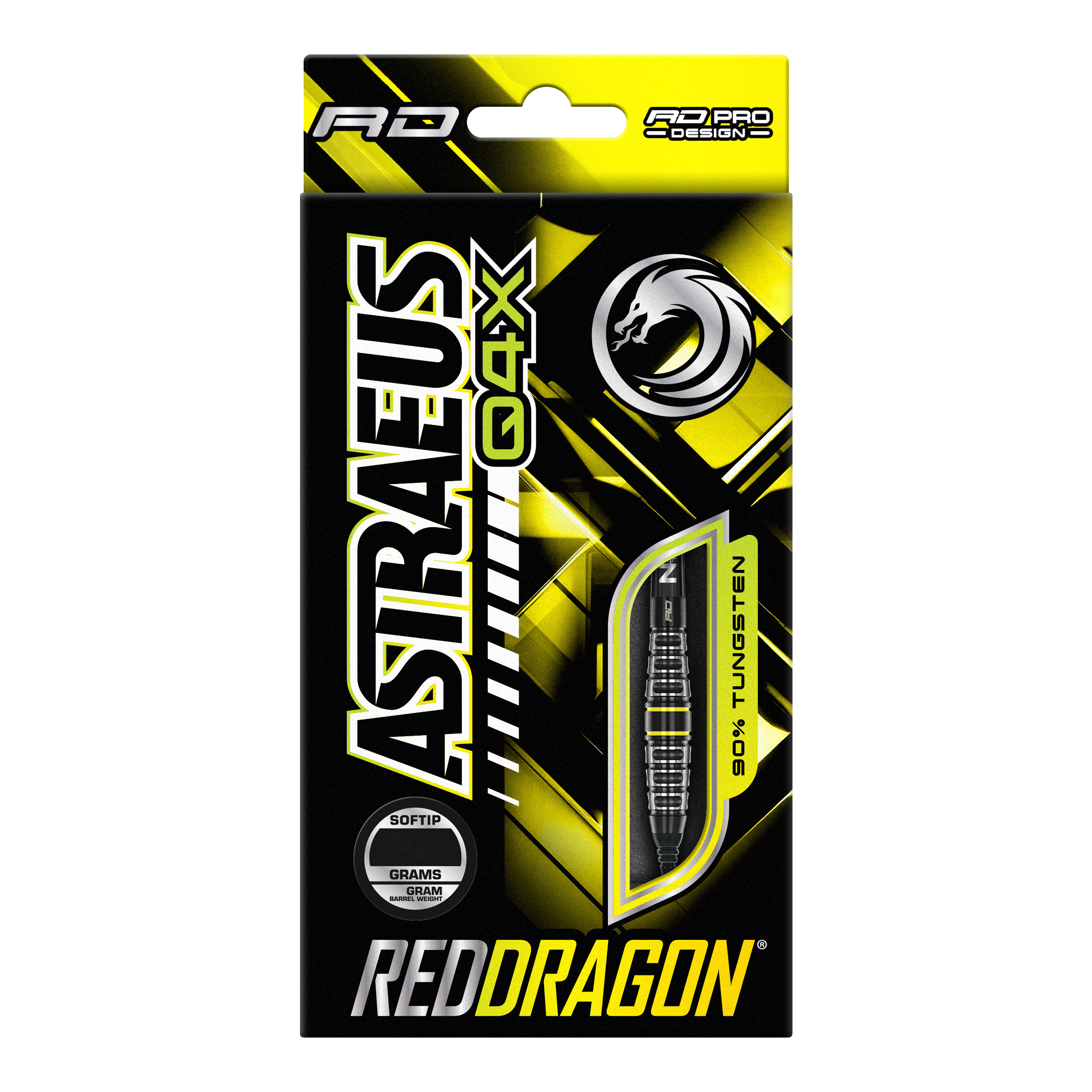 Red Dragon Astraeus Q4X Torpedo Soft Darts - 20g Die Verpackung zeigt die "Red Dragon Astraeus Q4X Torpedo Softdarts" mit einem Gewicht von 20g. Das Design ist in Schwarz und Gelb gehalten und hebt hervor, dass die Darts aus 90% Tungsten bestehen.