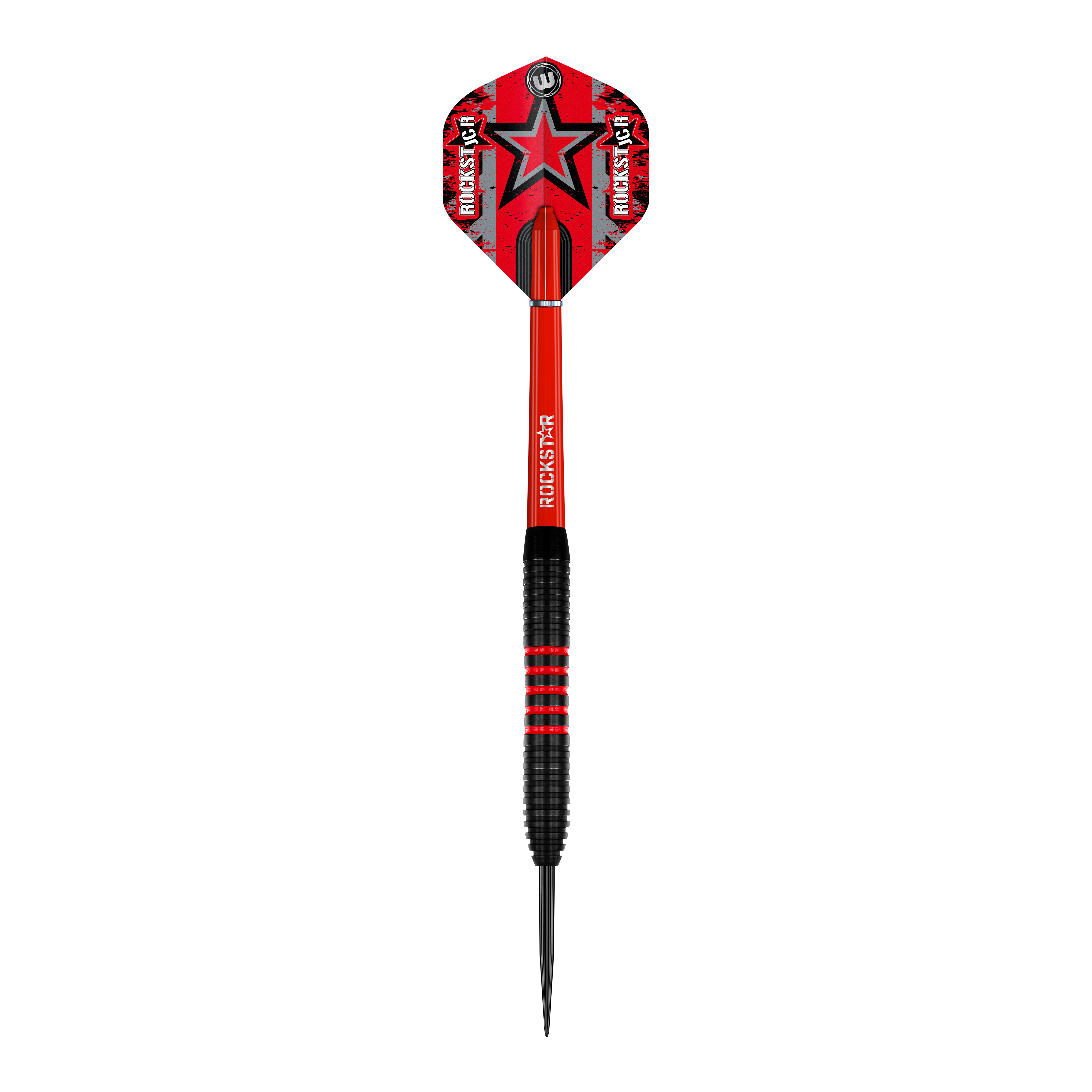 Winmau Joe Cullen Brass Steeldarts - 20g Das Bild zeigt einen Winmau Joe Cullen Brass Steeldart mit einem Gewicht von 20g. Der Dart ist überwiegend rot und schwarz gestaltet und trägt die Aufschrift "Rockstar" auf dem Schaft und dem Flight.