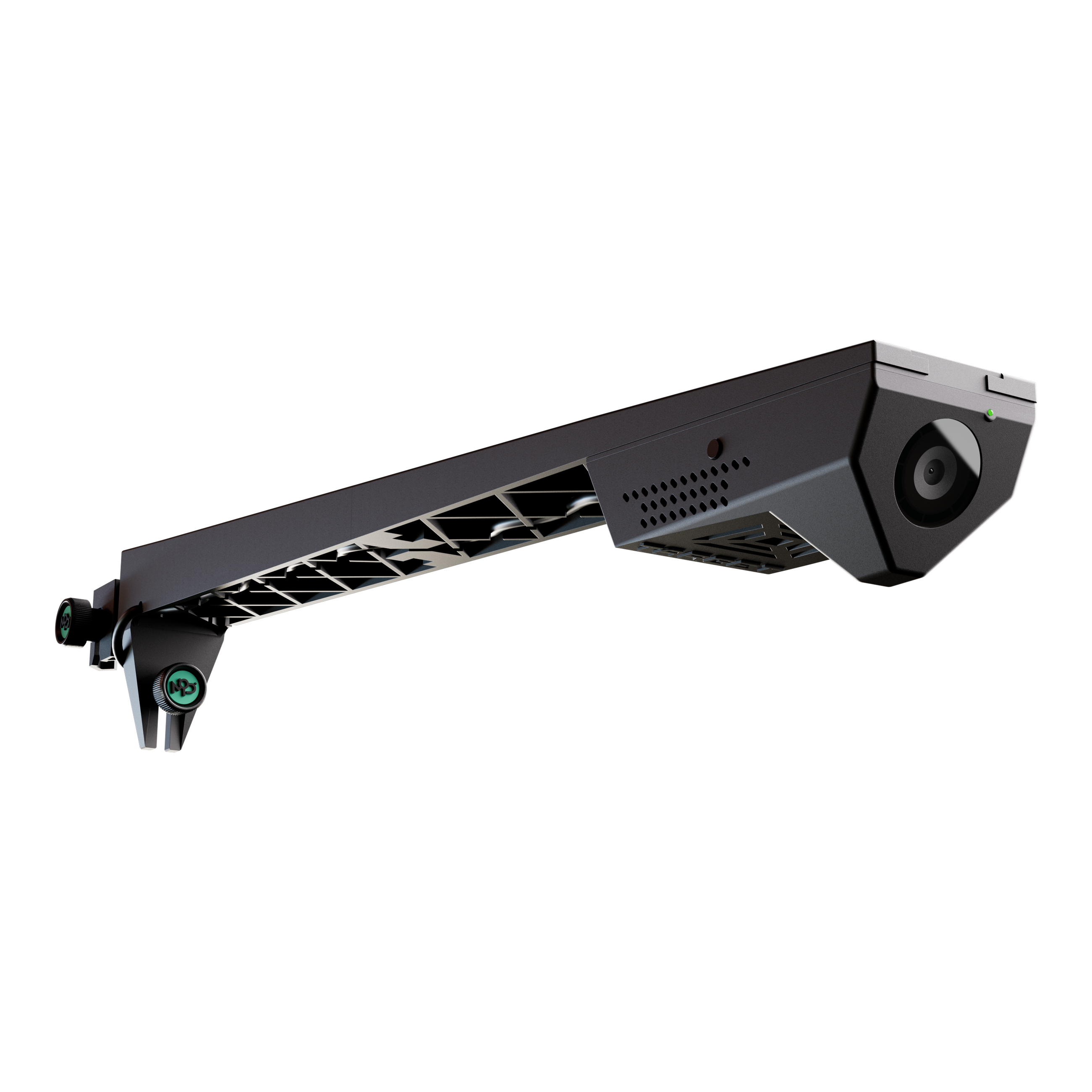 Target VIRT Camera Das Bild zeigt die Produktkamera "Target VIRT Kamera" mit modernem, kantigem Design. Sie ist an einer Halterung befestigt und wirkt sehr technologisch und robust.