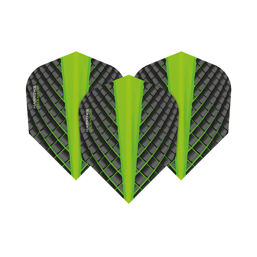 HR6800_Harrows_Quantum_Gr-n_No6_Flights_1X4t8lc1JWy6no Das Bild zeigt drei grüne Harrows Quantum No6 Flights für Dartpfeile. Die Flights haben ein modernes, schwarzes und grünes Rautenmuster mit einer auffälligen Mittelachse.
