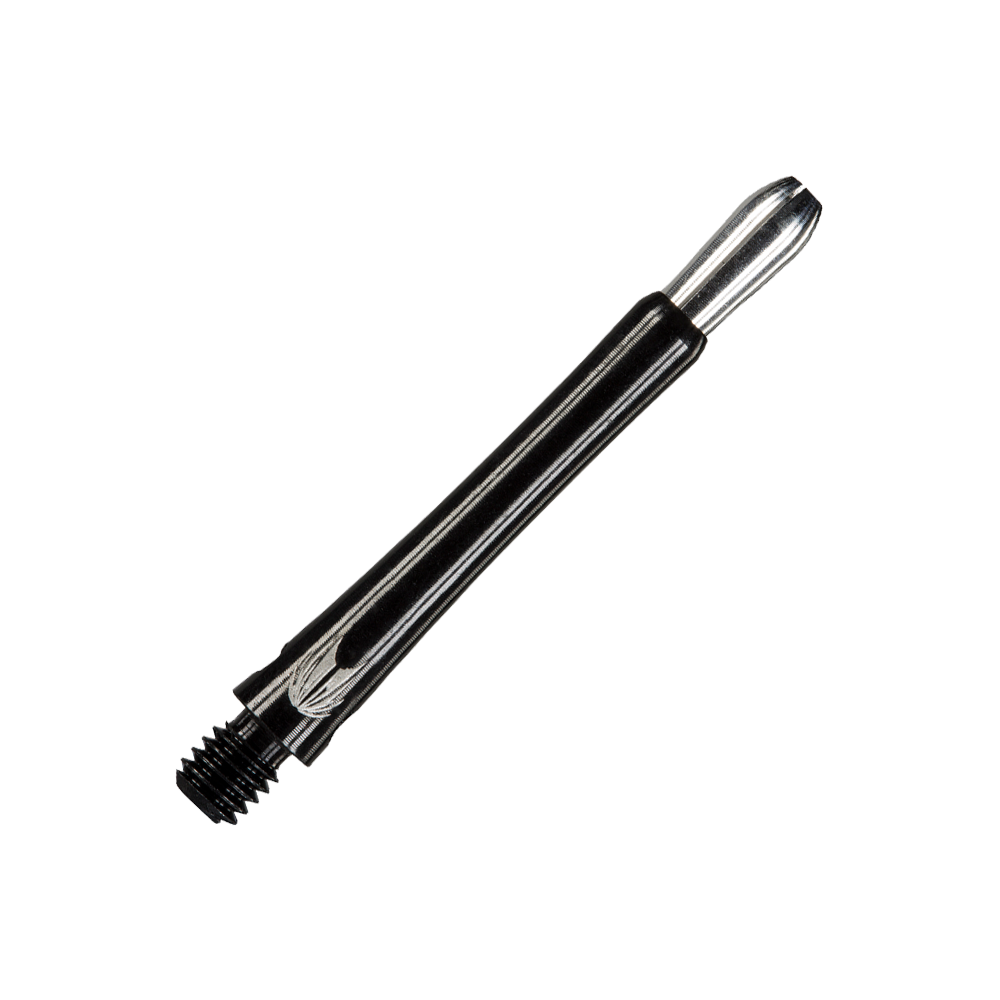 146220_Target_Grip_Style_Aluminium_Shafts_Schwarz_408mm_2 Das Bild zeigt einen schwarzen Aluminium-Dartshaft mit Gewinde. Er ist schmal und hat ein glänzendes Finish.