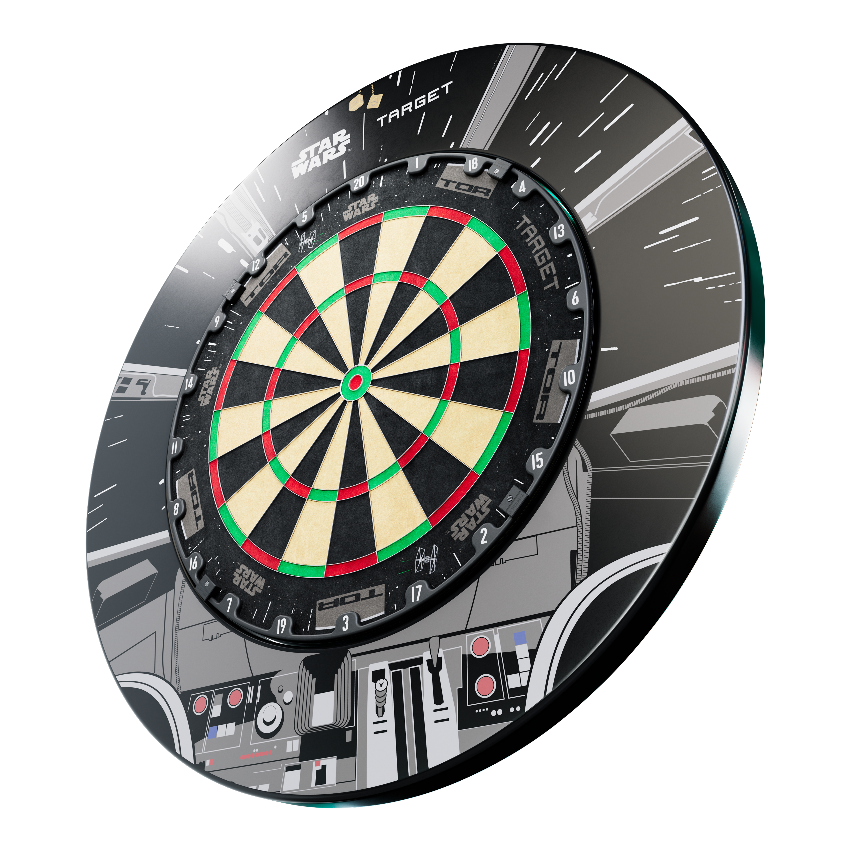 Target Star Wars Millennium Falcon TOR Dartboard Surround Bundle Abgebildet ist das Target Star Wars Millennium Falcon Surround Board Bundle. Dieses Bundle bietet Zubehör für Dartboards im Star Wars Design.