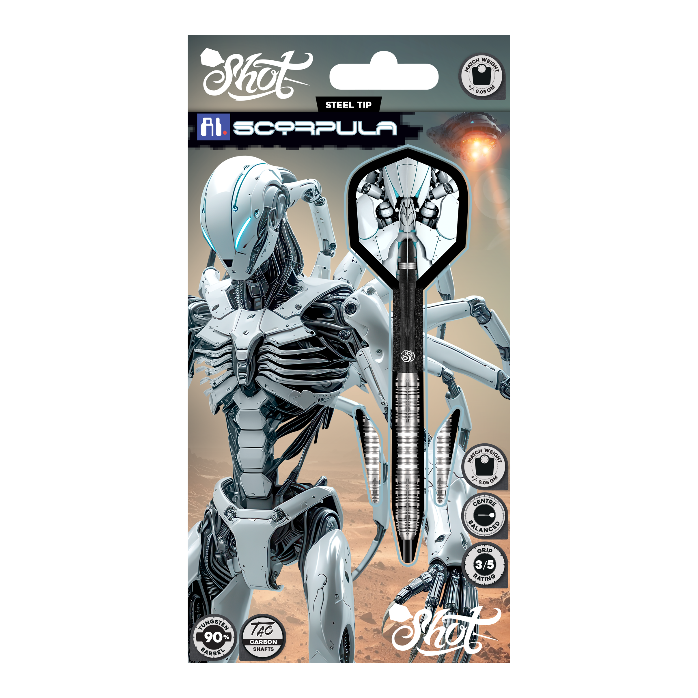 Shot AI Scorpula Steeldarts Das Bild zeigt die Shot AI Scorpula Steeldarts. Die Darts haben ein modernes und auffälliges Design.