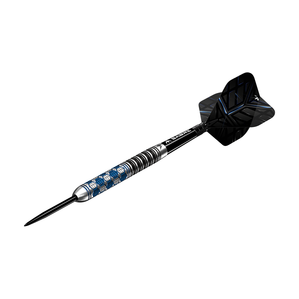 M001310_Mission_Hexon_Steeldarts_4 Das Bild zeigt einen Mission Hexon Steeldart mit einem Gewicht von 23g. Der Dart hat ein modernes Design mit einem schwarz-blauen Flug und einem silbernen Schaft mit blauen Akzenten.