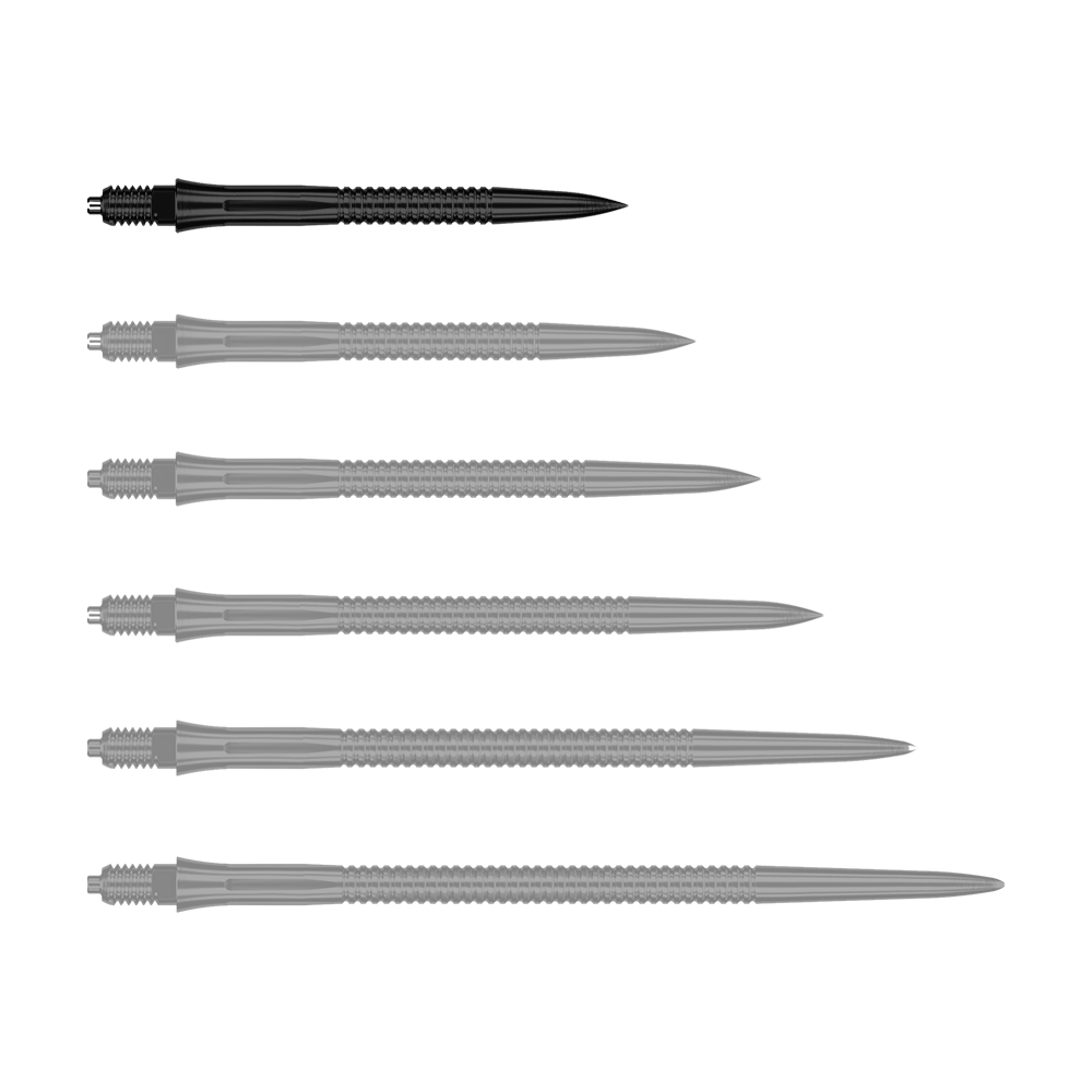 Hier sieht man eine weitere EVO201 Caliburn EZ-EVO Dartspitze mit Rillen in Schwarz und einer Länge von 28 mm. Die Spitze ist speziell für Dartspieler geeignet.